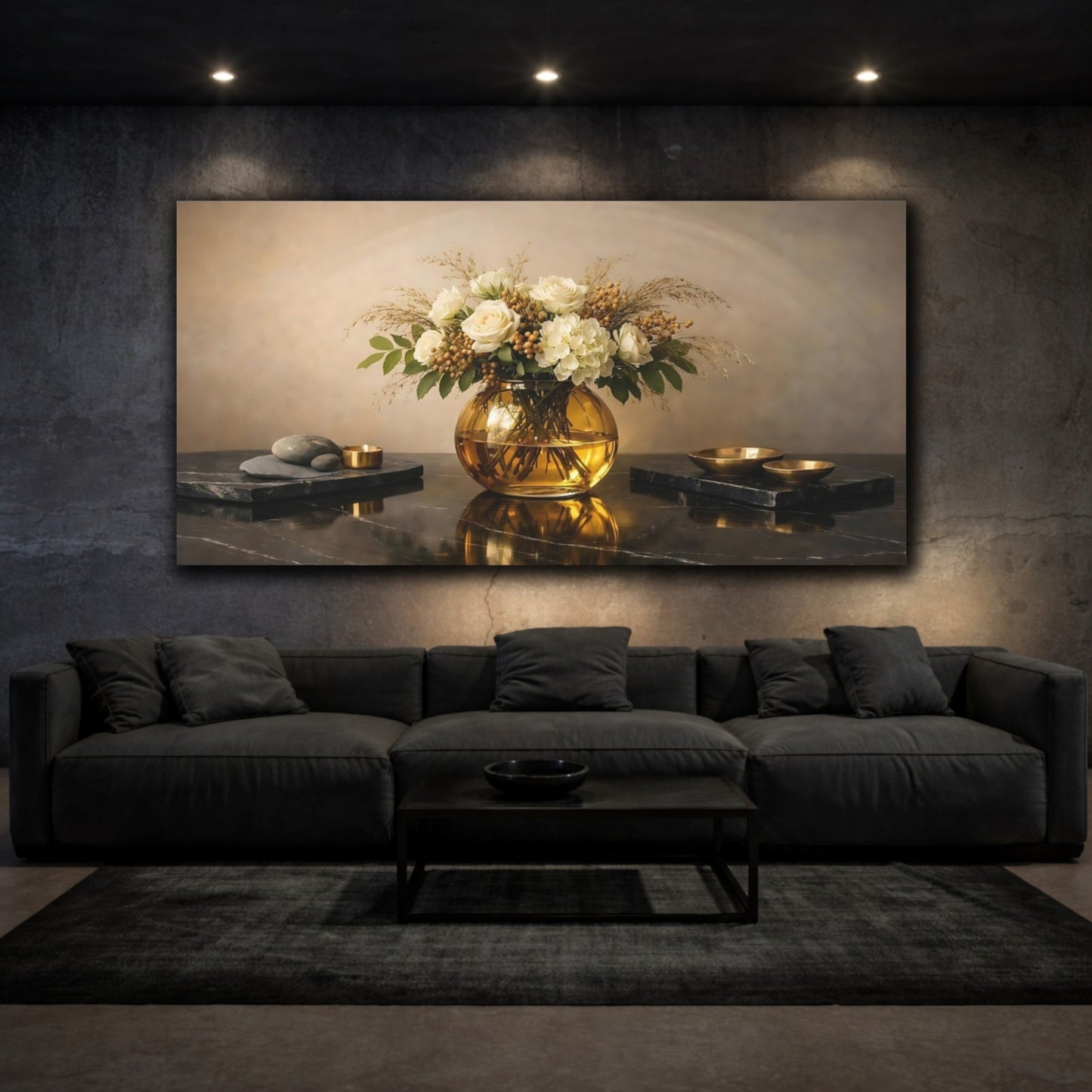 Mockup 2. Floral Floral Arrangement White Gold Floral shown as stretched canvas wall art