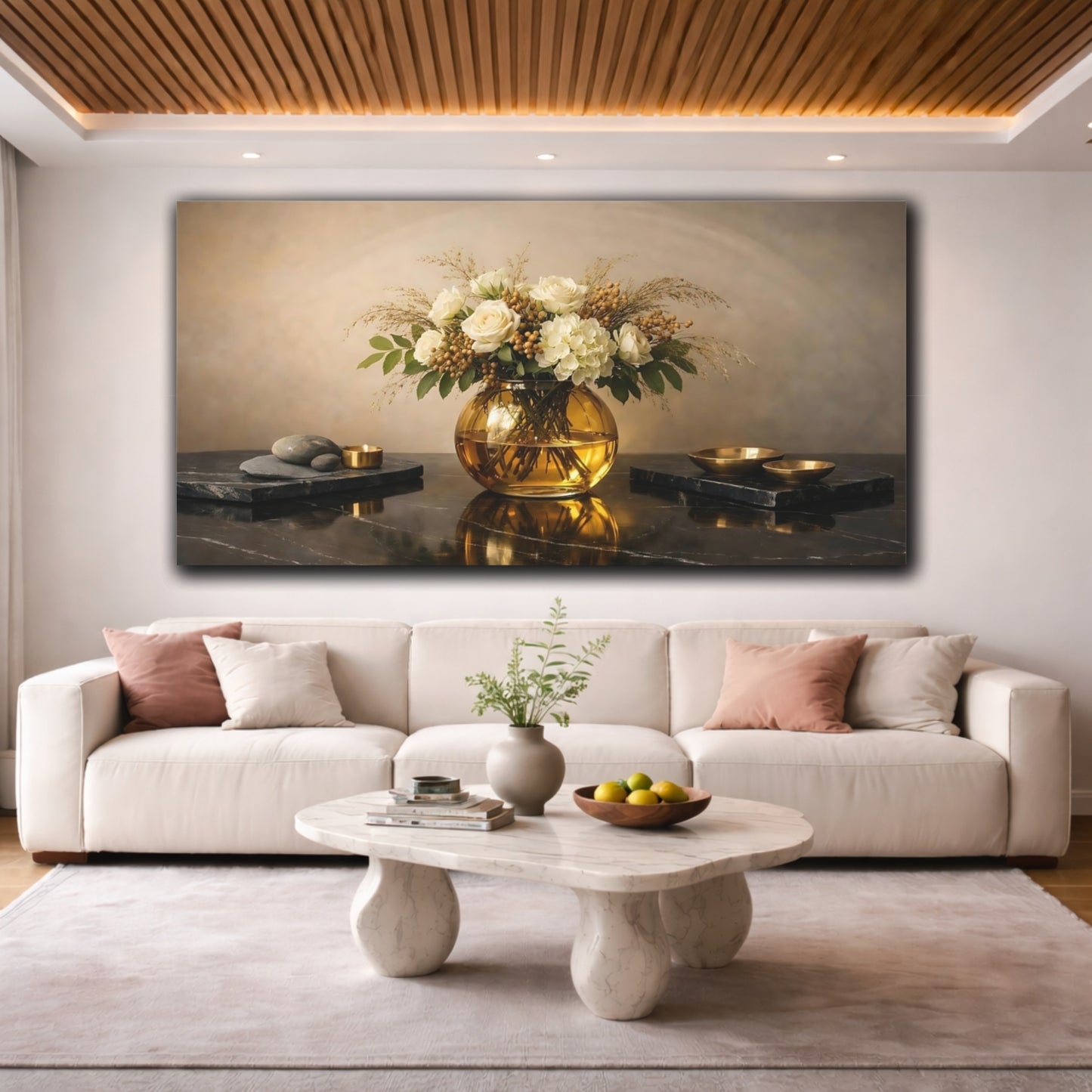 Mockup 3. Floral Floral Arrangement White Gold Floral shown as stretched canvas wall art
