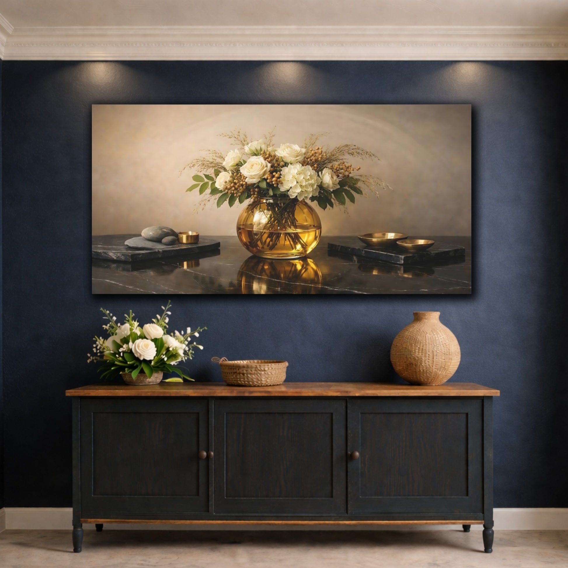 Mockup 4. Floral Floral Arrangement White Gold Floral shown as stretched canvas wall art