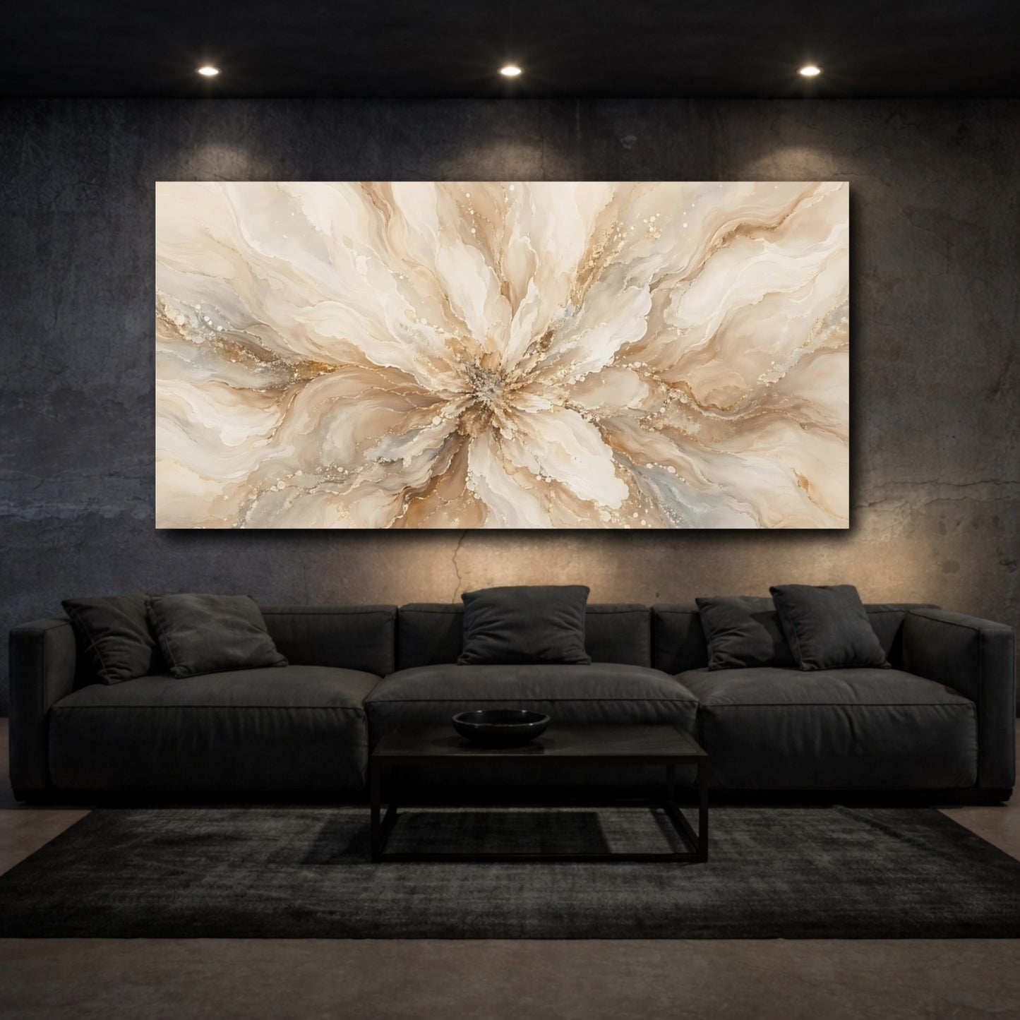 Mockup 2. Floral Floral Bloom Beige Gold shown as stretched canvas wall art