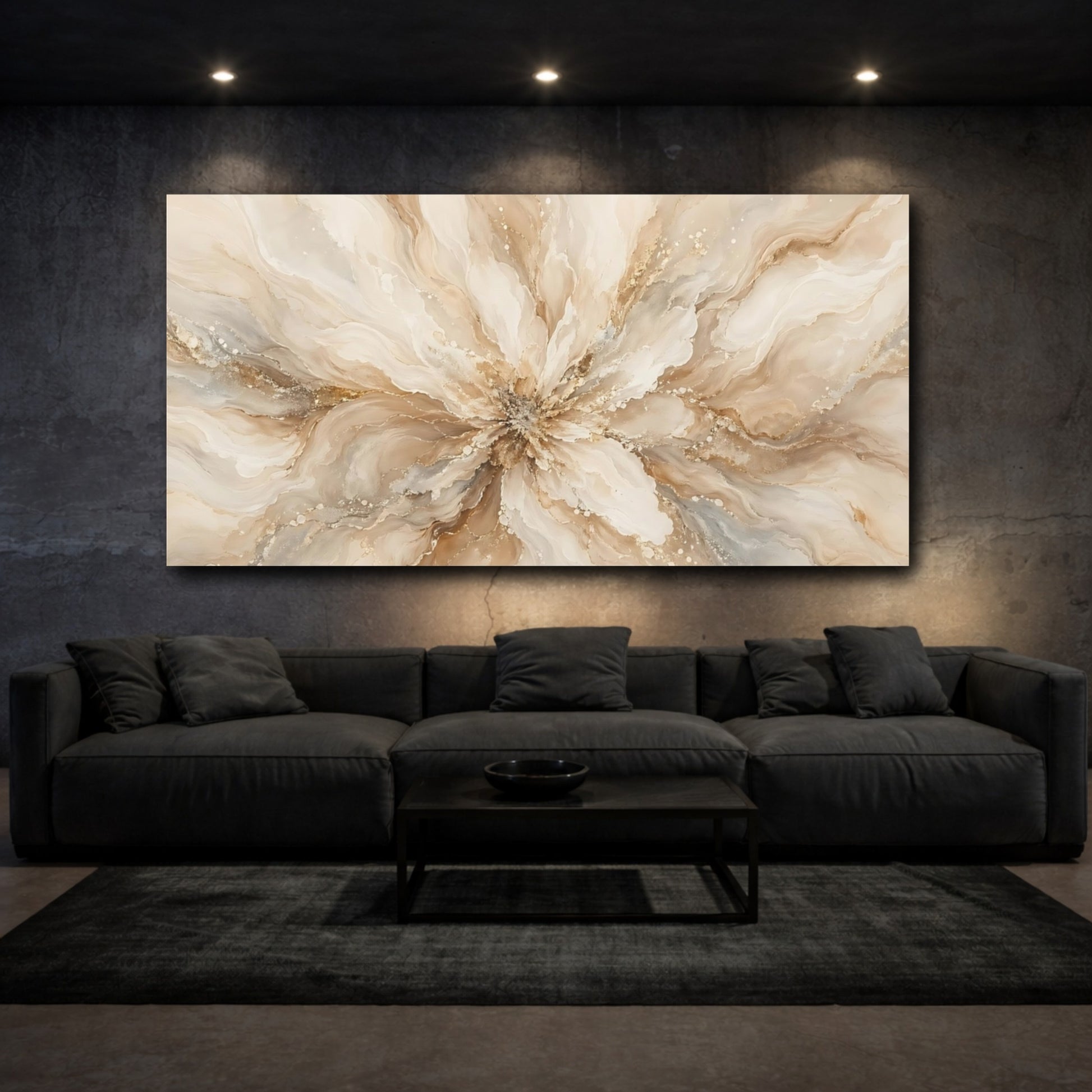 Mockup 2. Floral Floral Bloom Beige Gold shown as stretched canvas wall art