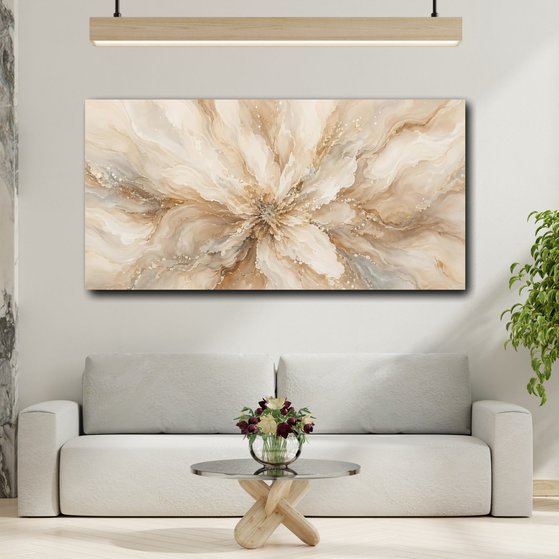Mockup 3. Floral Floral Bloom Beige Gold shown as stretched canvas wall art
