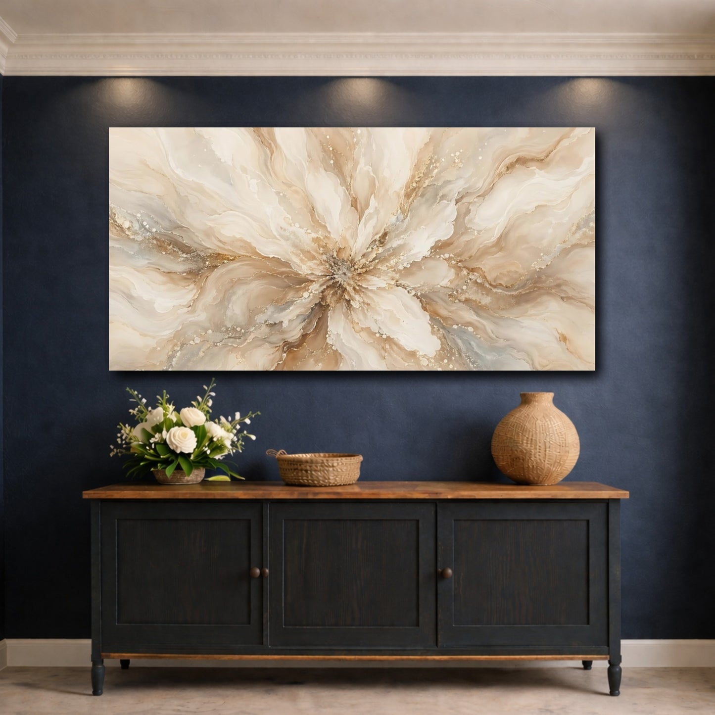 Mockup 4. Floral Floral Bloom Beige Gold shown as stretched canvas wall art