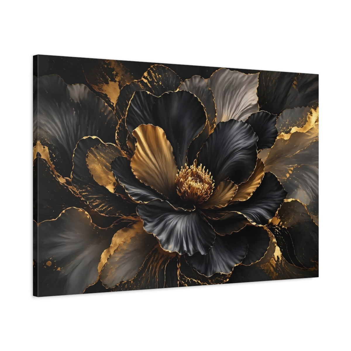 Main Mockup. Floral Floral Bloom Black And Gold shown as stretched canvas wall art
