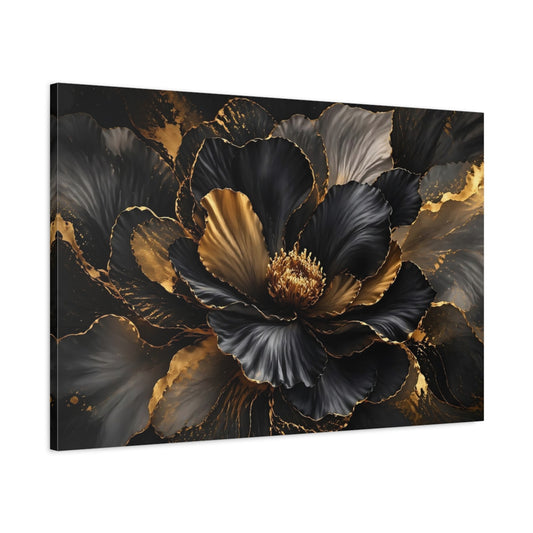 Main Mockup. Floral Floral Bloom Black And Gold shown as stretched canvas wall art