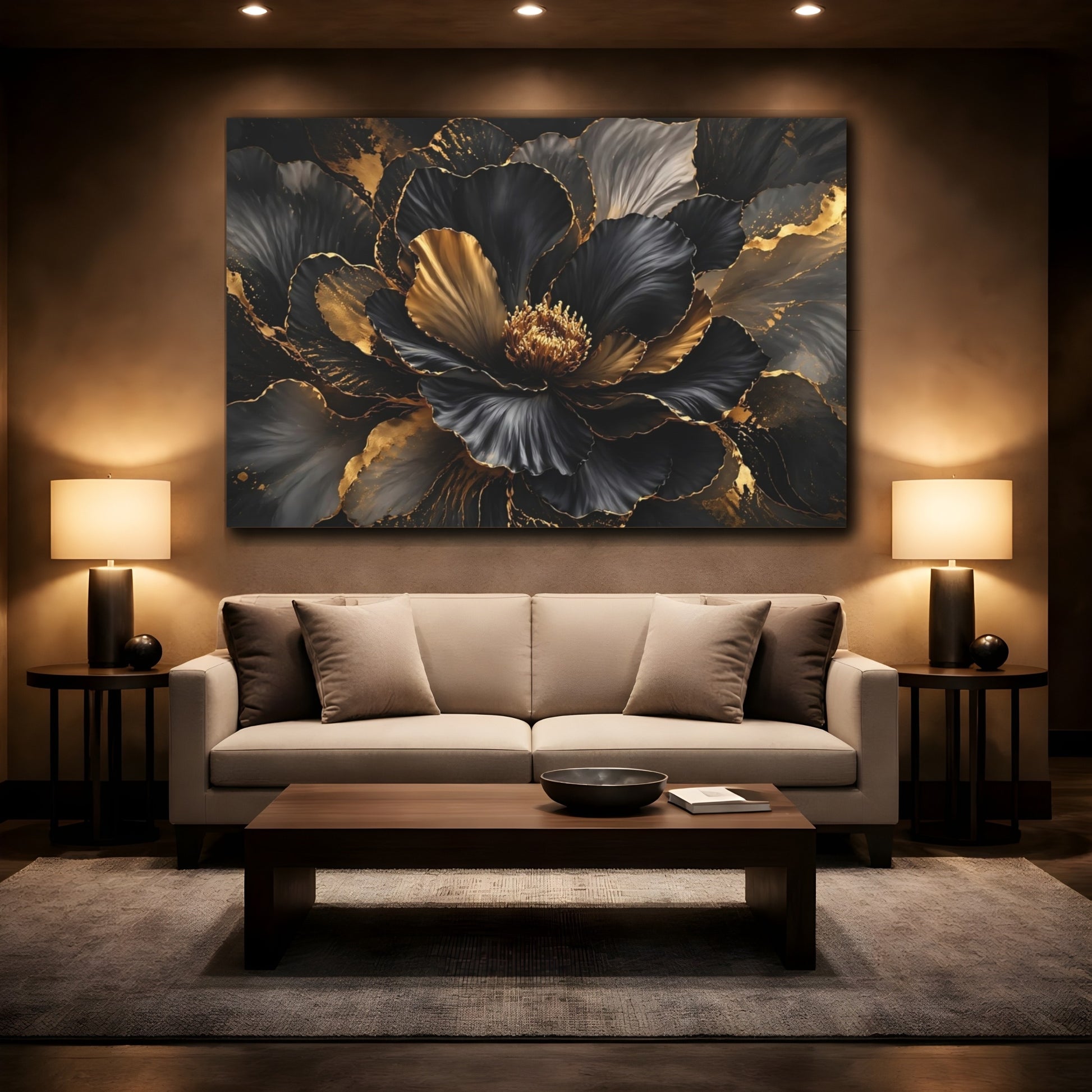 Mockup 2. Floral Floral Bloom Black And Gold shown as stretched canvas wall art
