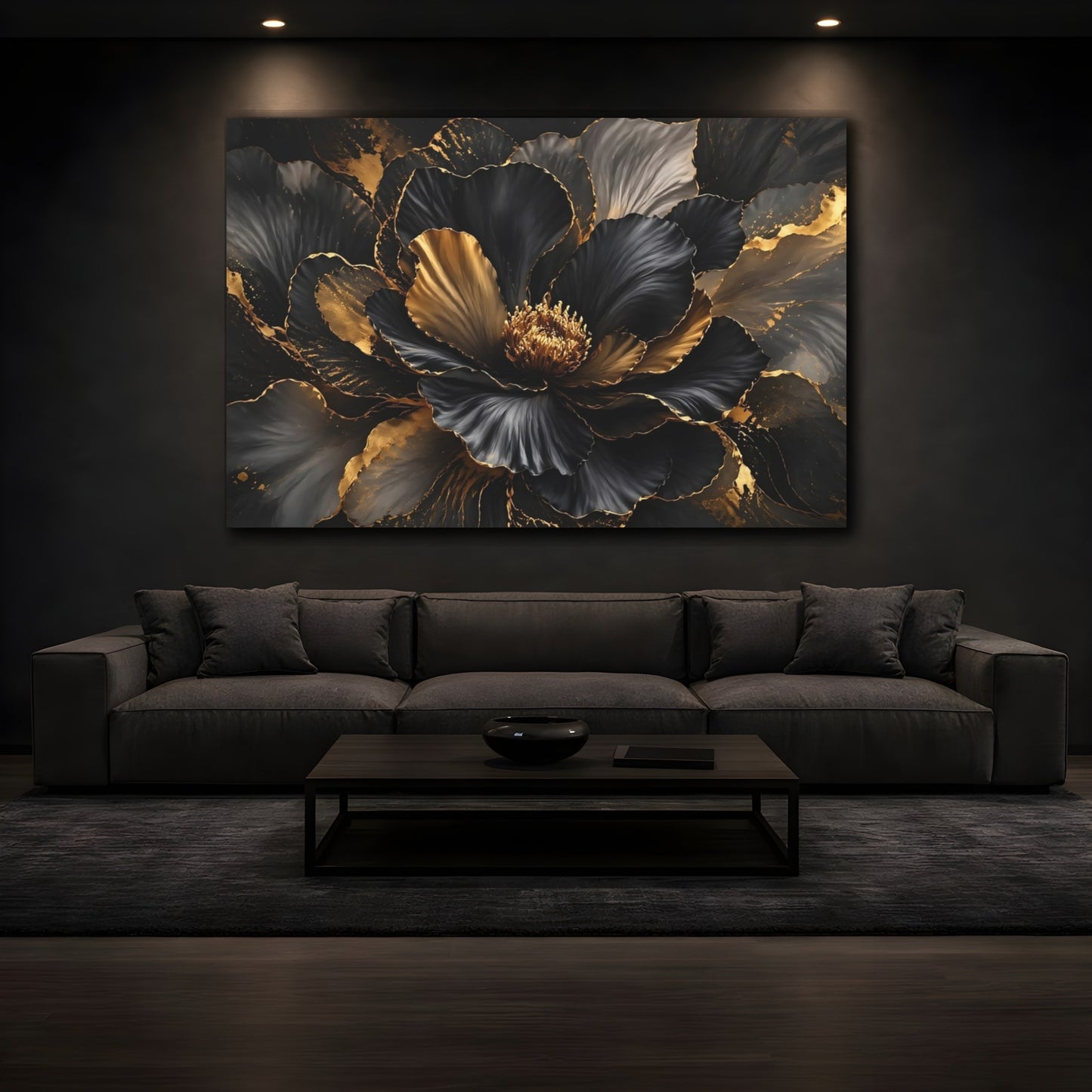 Mockup 3. Floral Floral Bloom Black And Gold shown as stretched canvas wall art