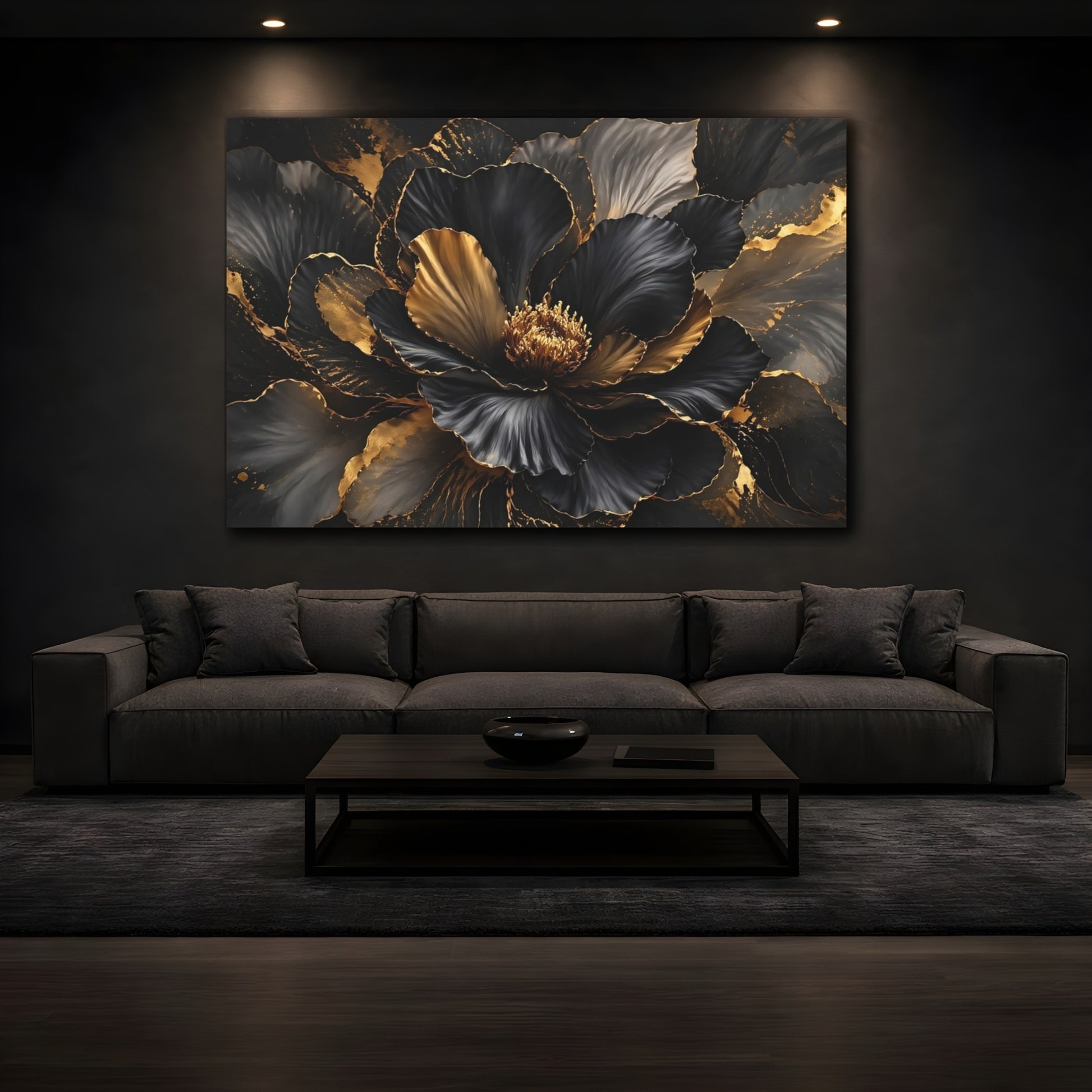 Mockup 3. Floral Floral Bloom Black And Gold shown as stretched canvas wall art