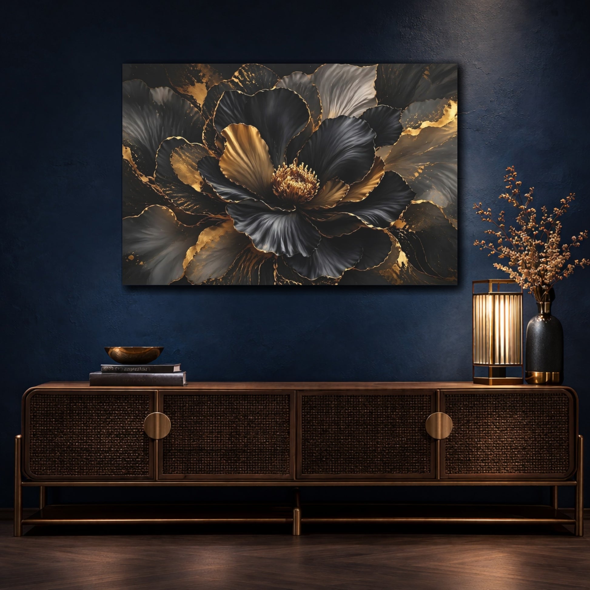 Mockup 4. Floral Floral Bloom Black And Gold shown as stretched canvas wall art