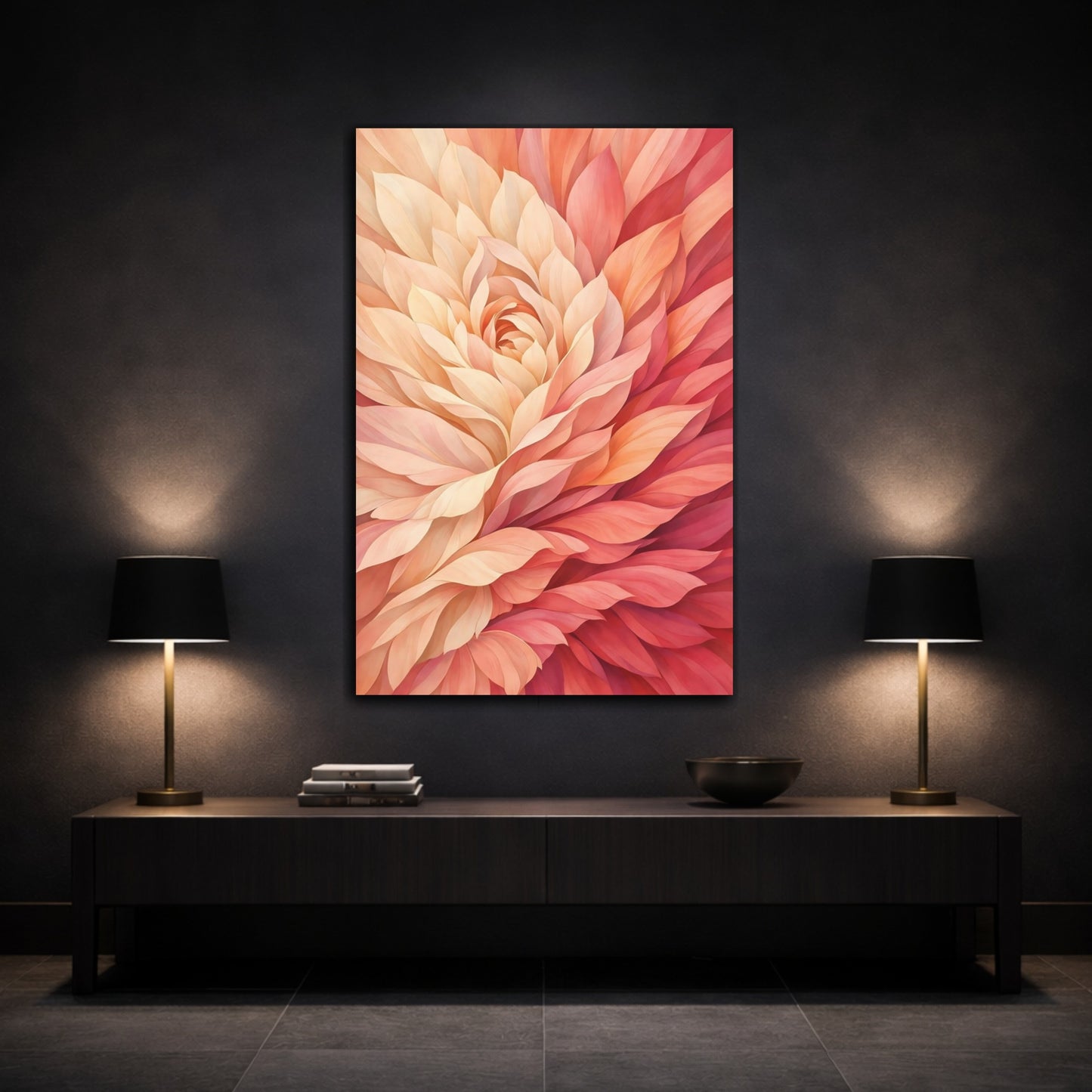 Mockup 2. Floral Floral Bloom Pink And Orange Floral shown as stretched canvas wall art