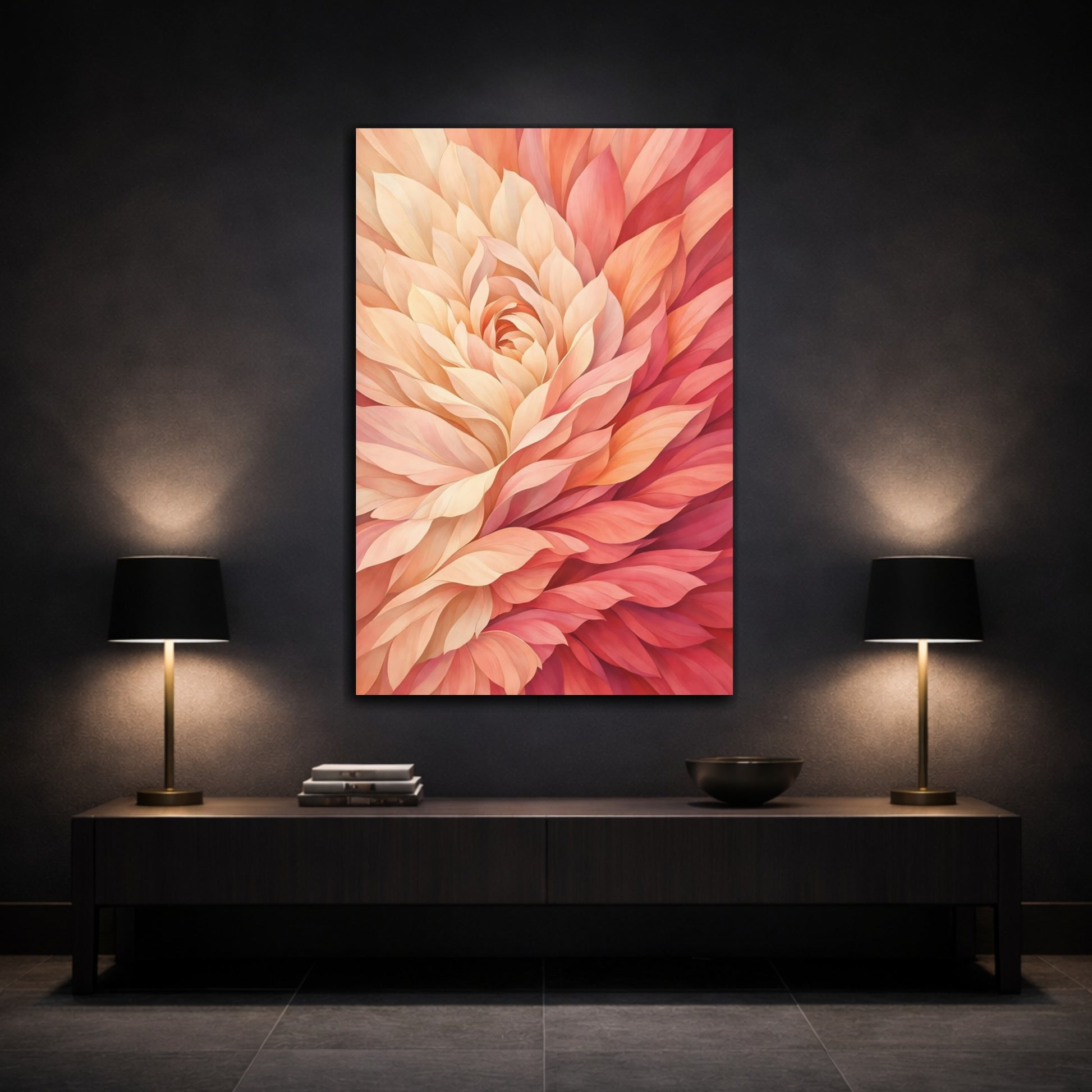 Mockup 2. Floral Floral Bloom Pink And Orange Floral shown as stretched canvas wall art