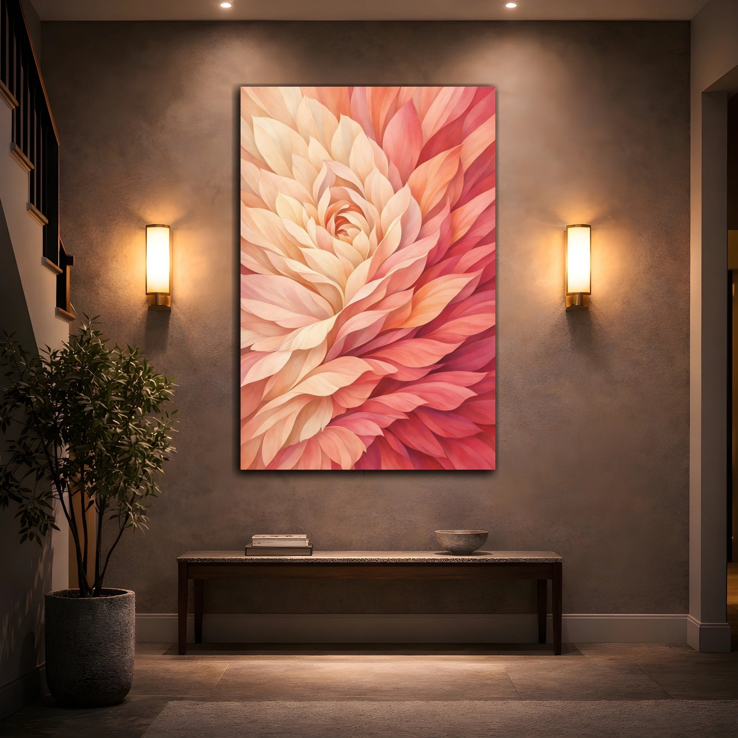 Mockup 3. Floral Floral Bloom Pink And Orange Floral shown as stretched canvas wall art