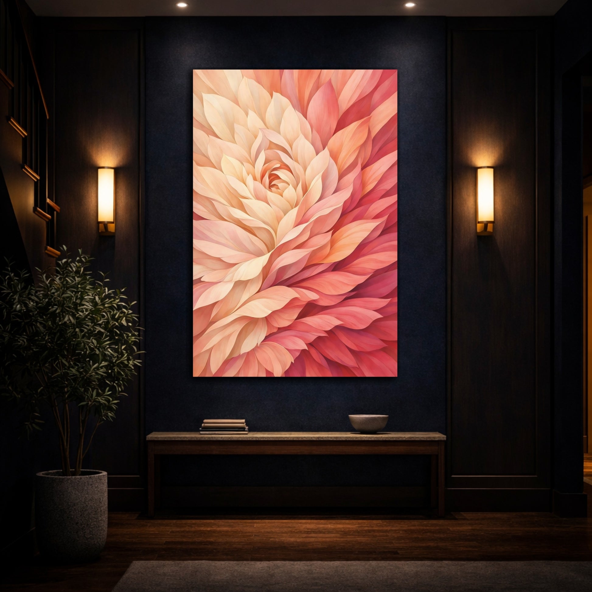 Mockup 4. Floral Floral Bloom Pink And Orange Floral shown as stretched canvas wall art