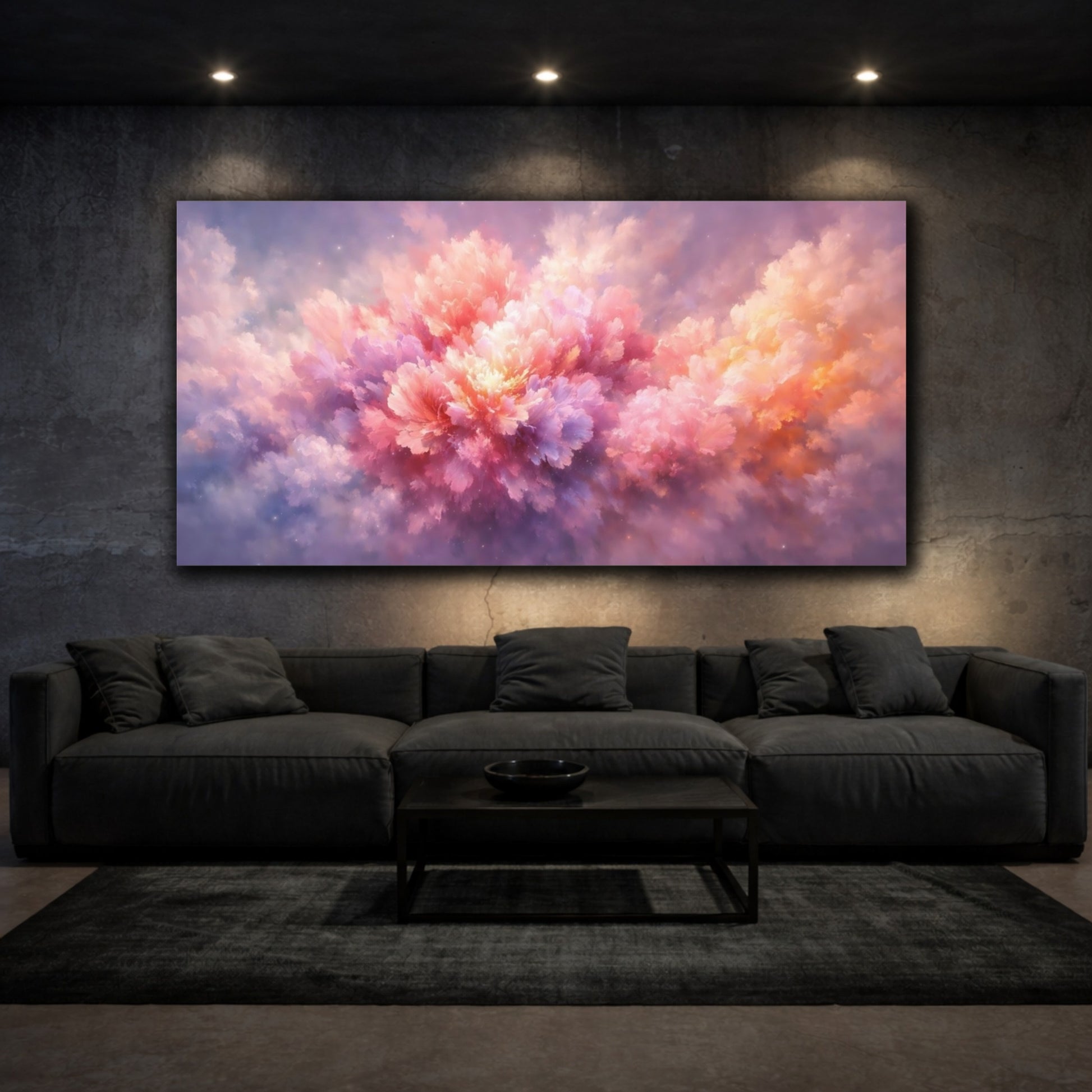 Mockup 2. Floral Floral Bloom Pink Purple Floral shown as stretched canvas wall art