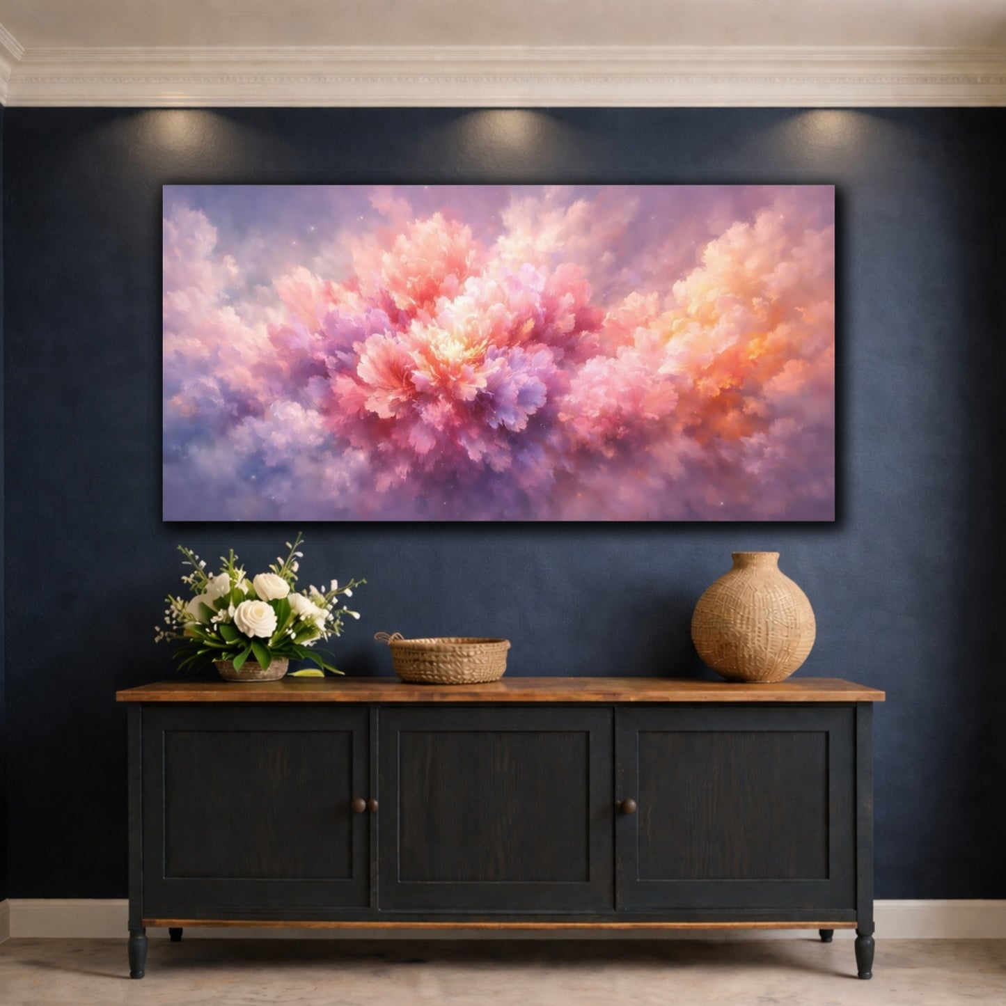Mockup 4. Floral Floral Bloom Pink Purple Floral shown as stretched canvas wall art
