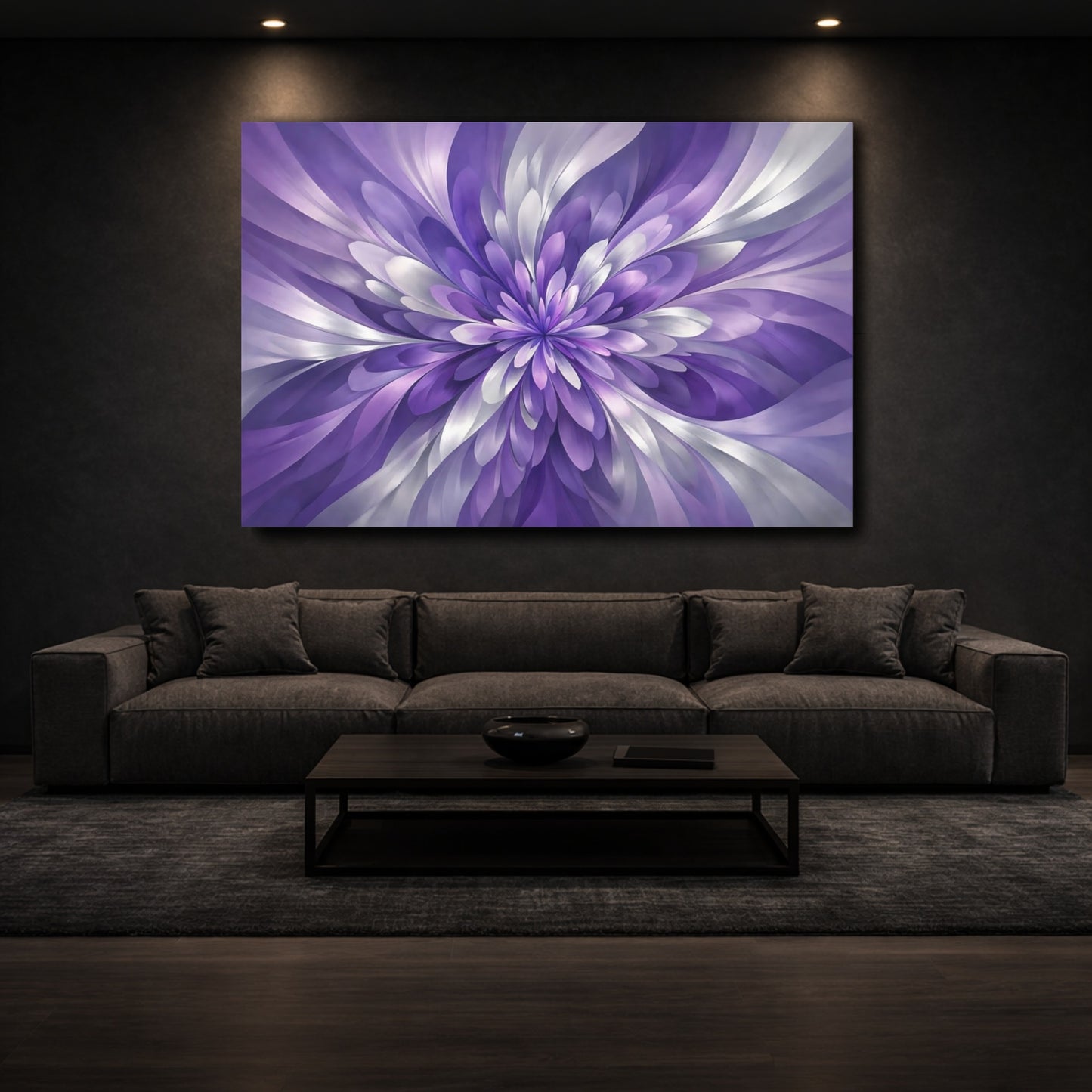 Mockup 2. Floral Floral Bloom Purple And Silver shown as stretched canvas wall art