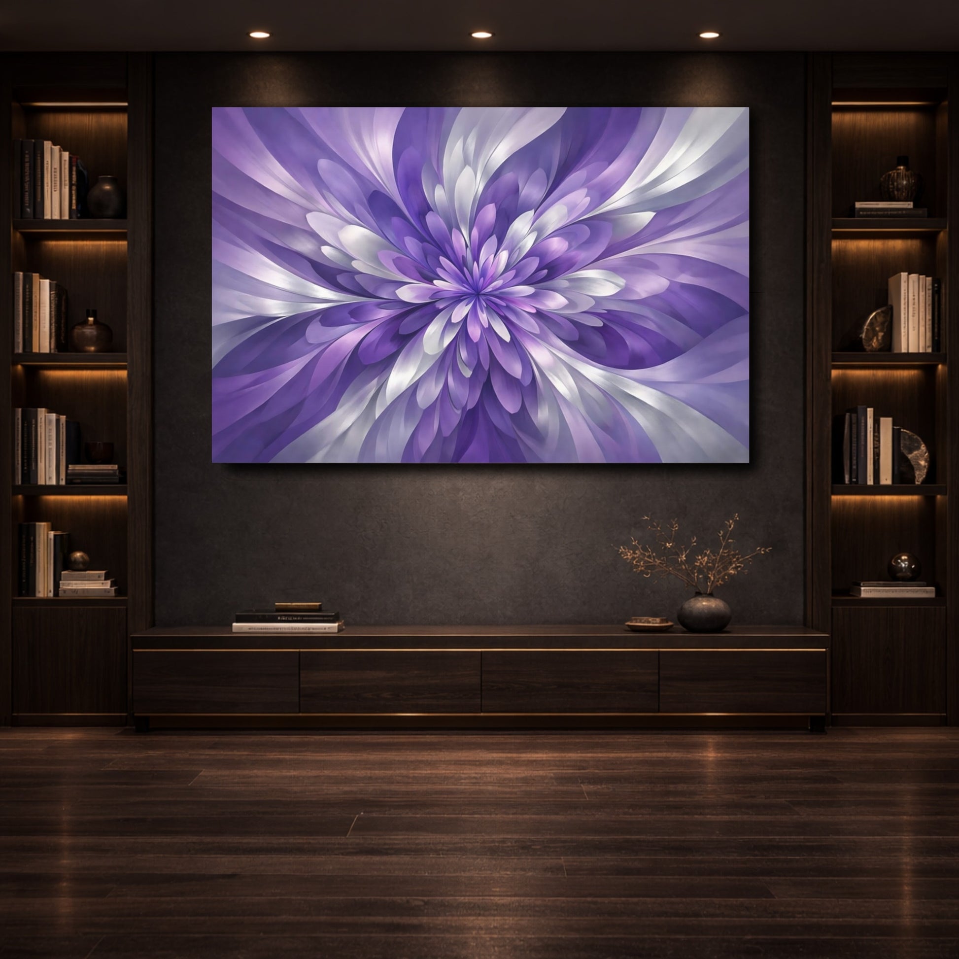 Mockup 3. Floral Floral Bloom Purple And Silver shown as stretched canvas wall art