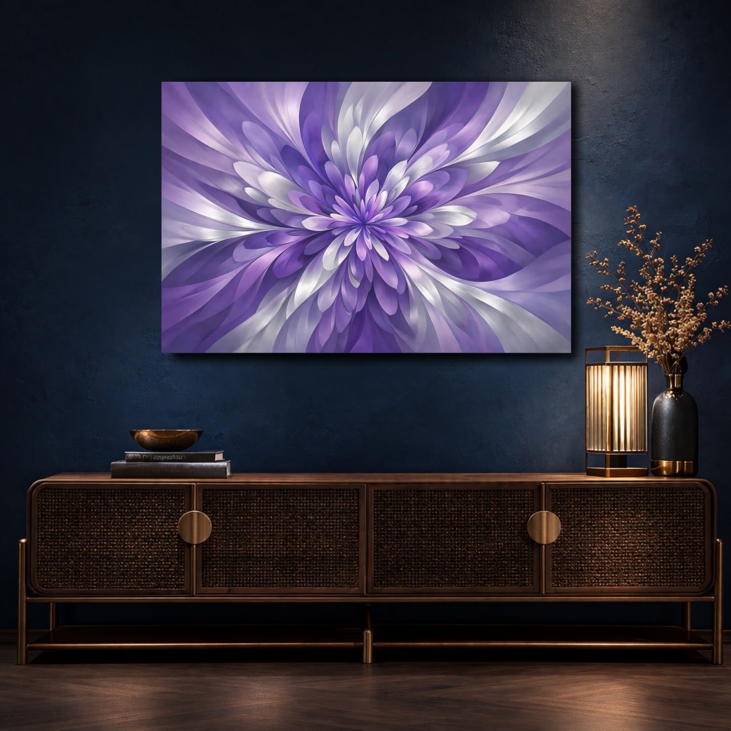 Mockup 4. Floral Floral Bloom Purple And Silver shown as stretched canvas wall art