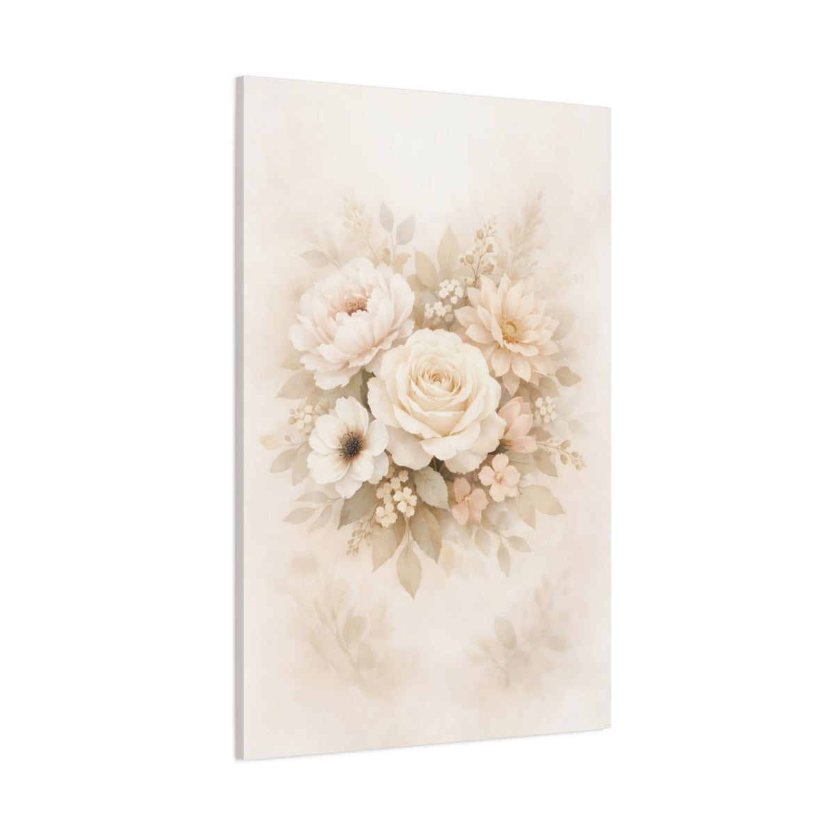 Main Mockup. Floral Floral Bouquet Beige And Peach shown as stretched canvas wall art