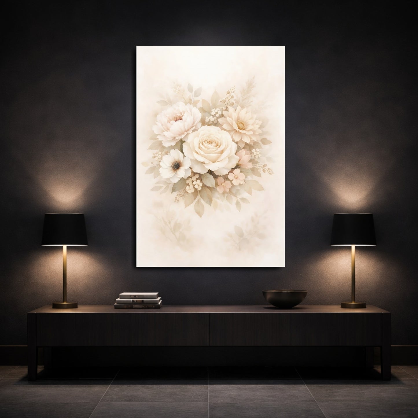 Mockup 2. Floral Floral Bouquet Beige And Peach shown as stretched canvas wall art