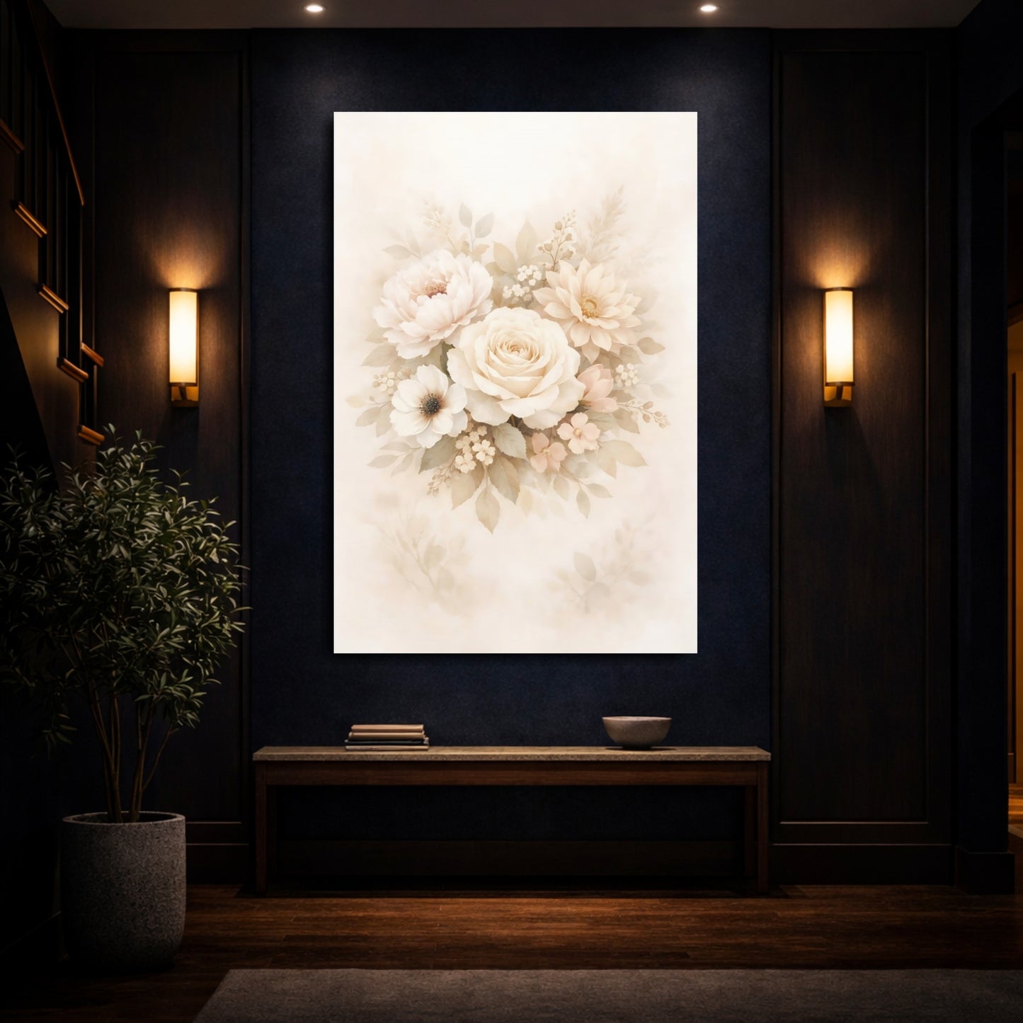 Mockup 3. Floral Floral Bouquet Beige And Peach shown as stretched canvas wall art