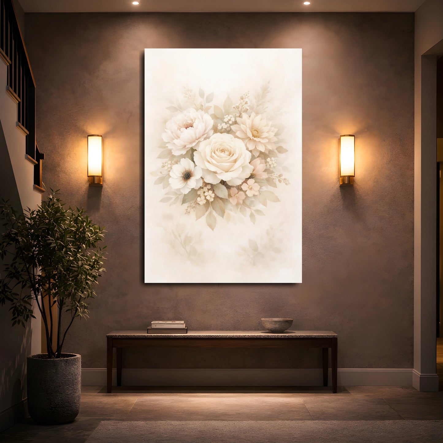 Mockup 4. Floral Floral Bouquet Beige And Peach shown as stretched canvas wall art