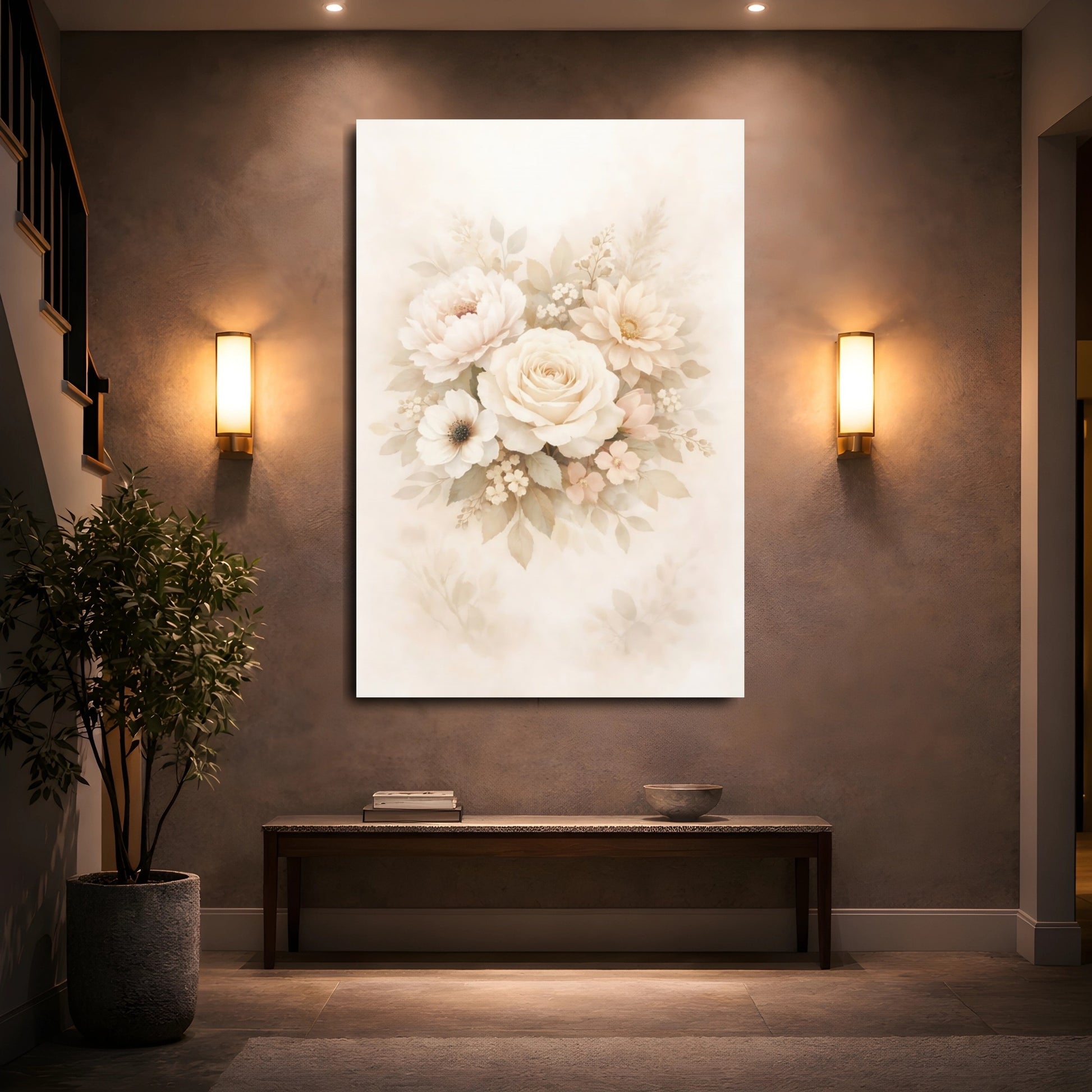 Mockup 4. Floral Floral Bouquet Beige And Peach shown as stretched canvas wall art