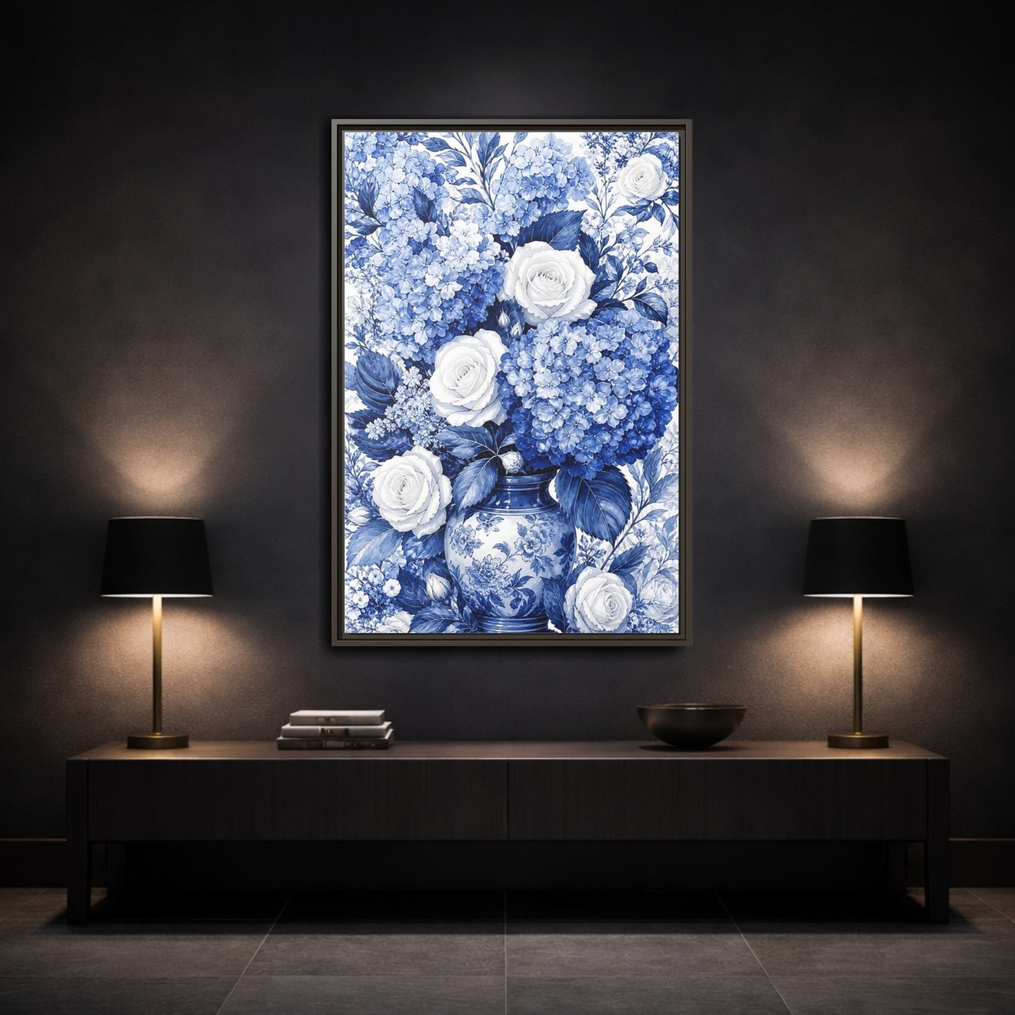 Mockup 3. Floral Floral Bouquet Blue And White Floral shown as framed canvas print