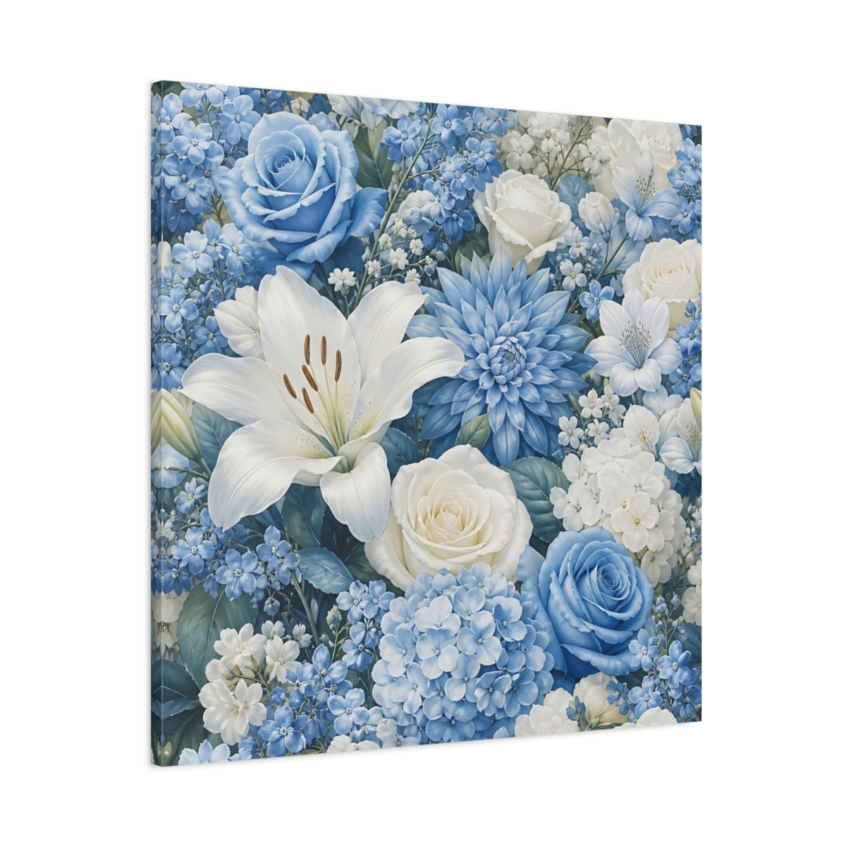 Main Mockup. Floral Floral Bouquet Blue White Floral shown as stretched canvas wall art