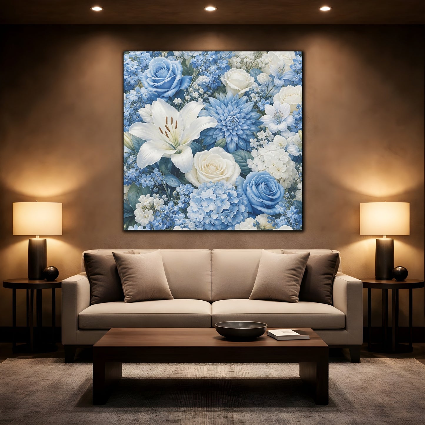 Mockup 2. Floral Floral Bouquet Blue White Floral shown as stretched canvas wall art