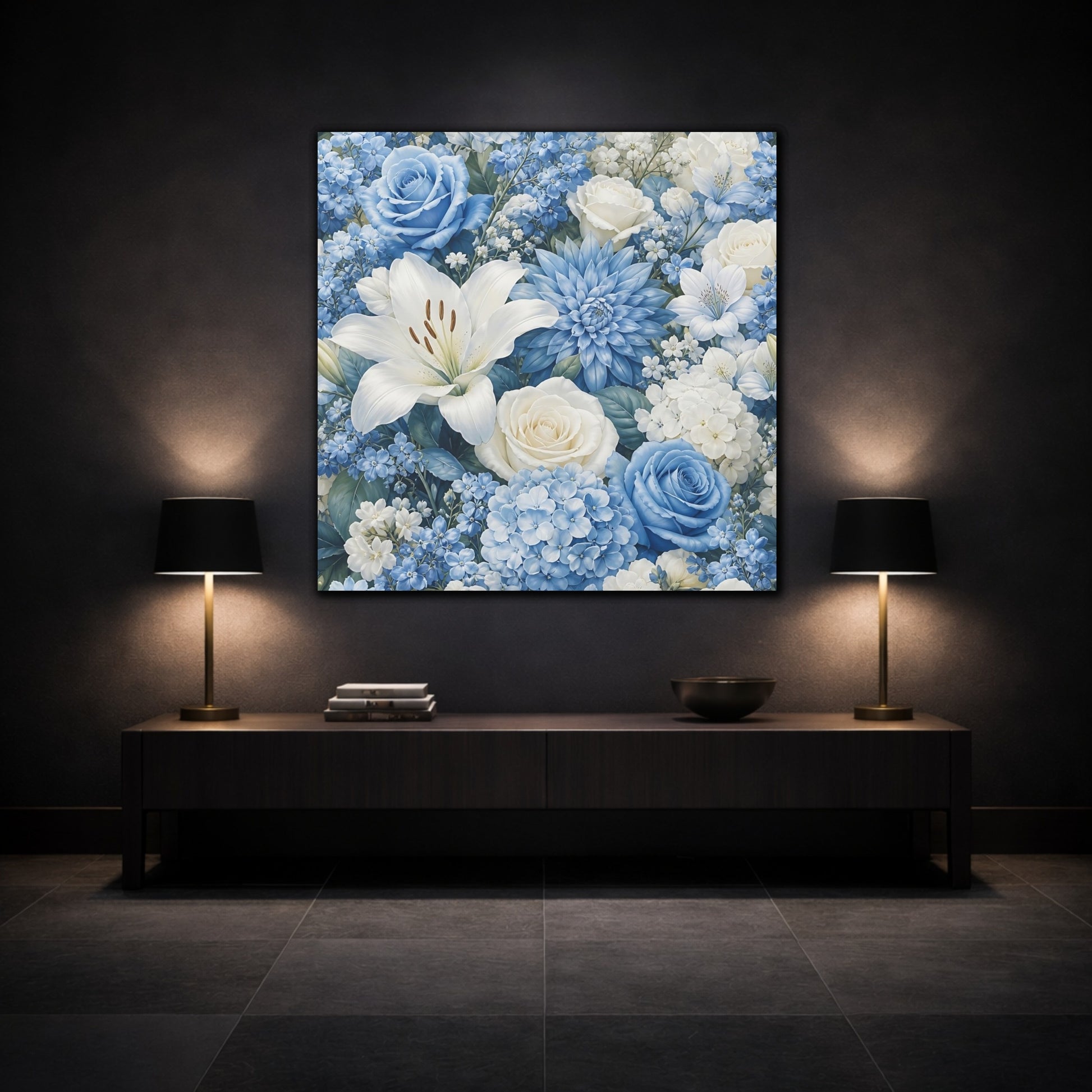 Mockup 3. Floral Floral Bouquet Blue White Floral shown as stretched canvas wall art