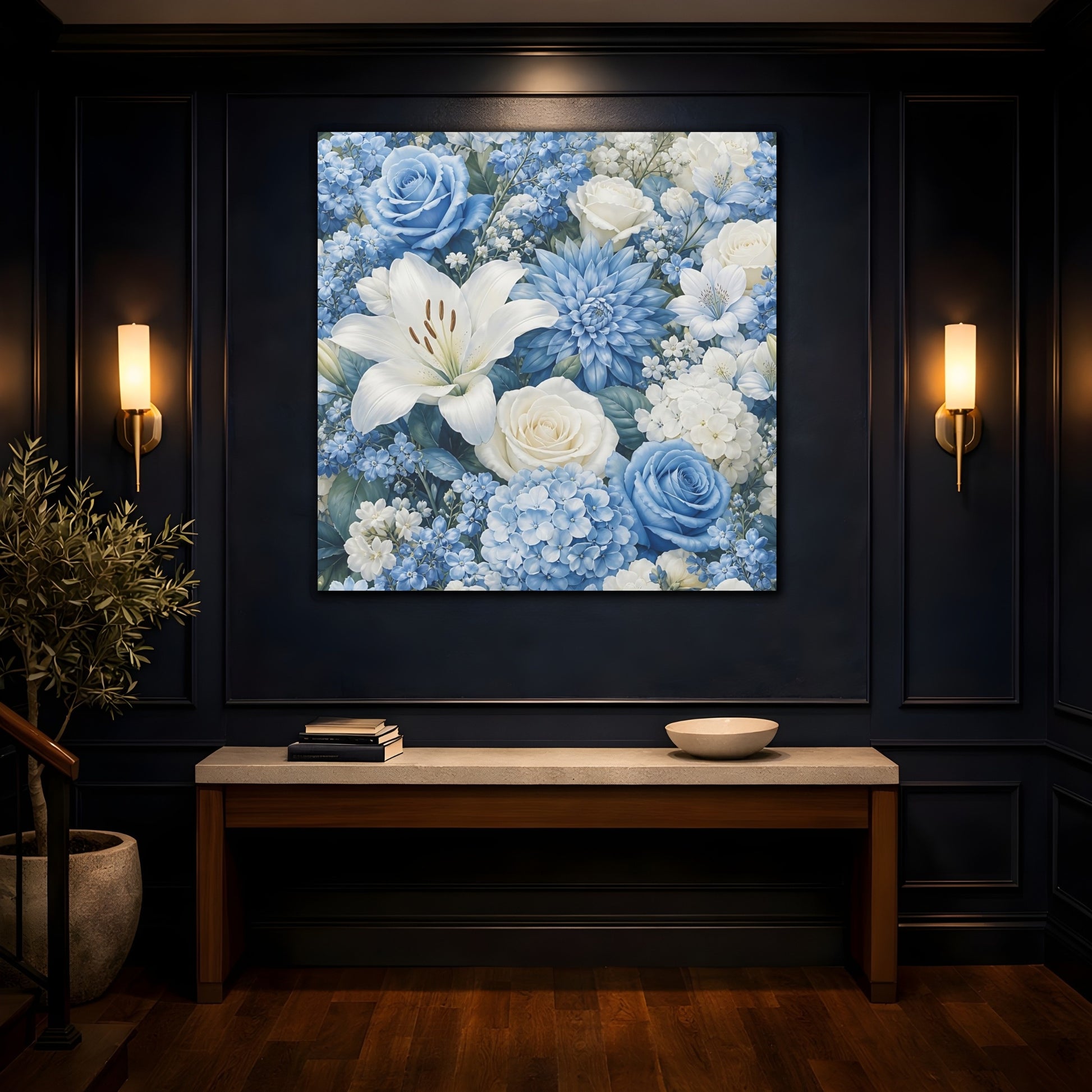 Mockup 4. Floral Floral Bouquet Blue White Floral shown as stretched canvas wall art