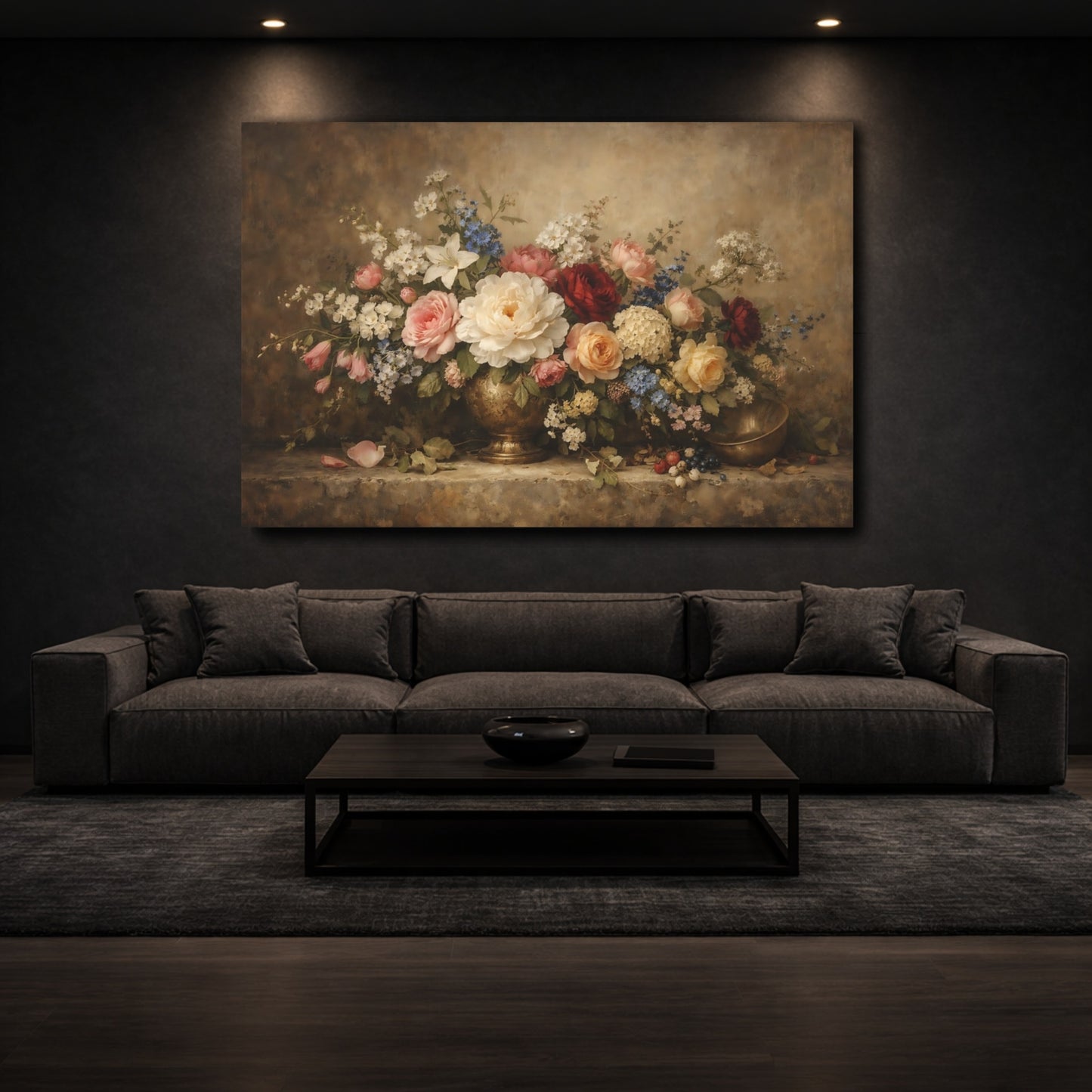 Mockup 2. Floral Floral Bouquet Brown Floral Still Life shown as stretched canvas wall art