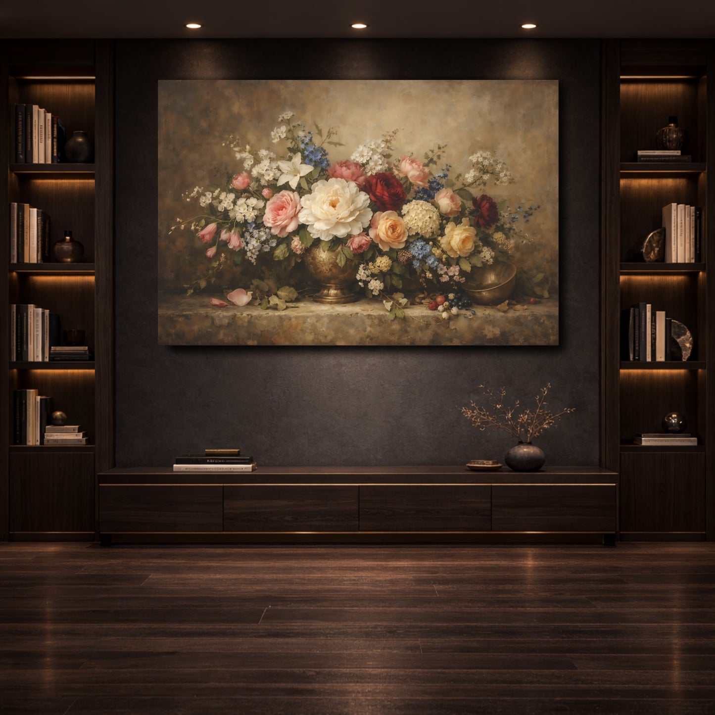 Mockup 3. Floral Floral Bouquet Brown Floral Still Life shown as stretched canvas wall art