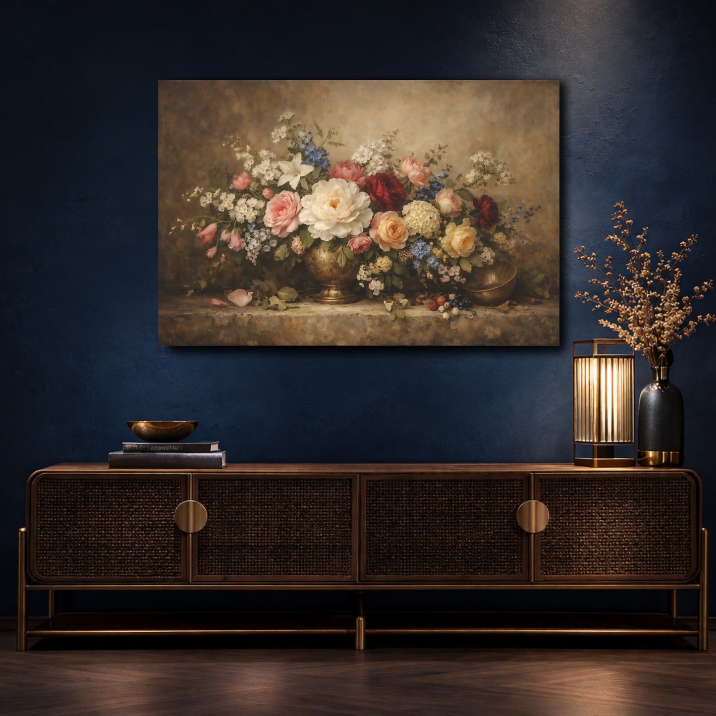 Mockup 4. Floral Floral Bouquet Brown Floral Still Life shown as stretched canvas wall art