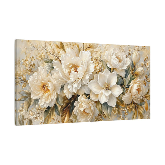 Main Mockup. Floral Floral Bouquet Cream White Floral shown as stretched canvas wall art