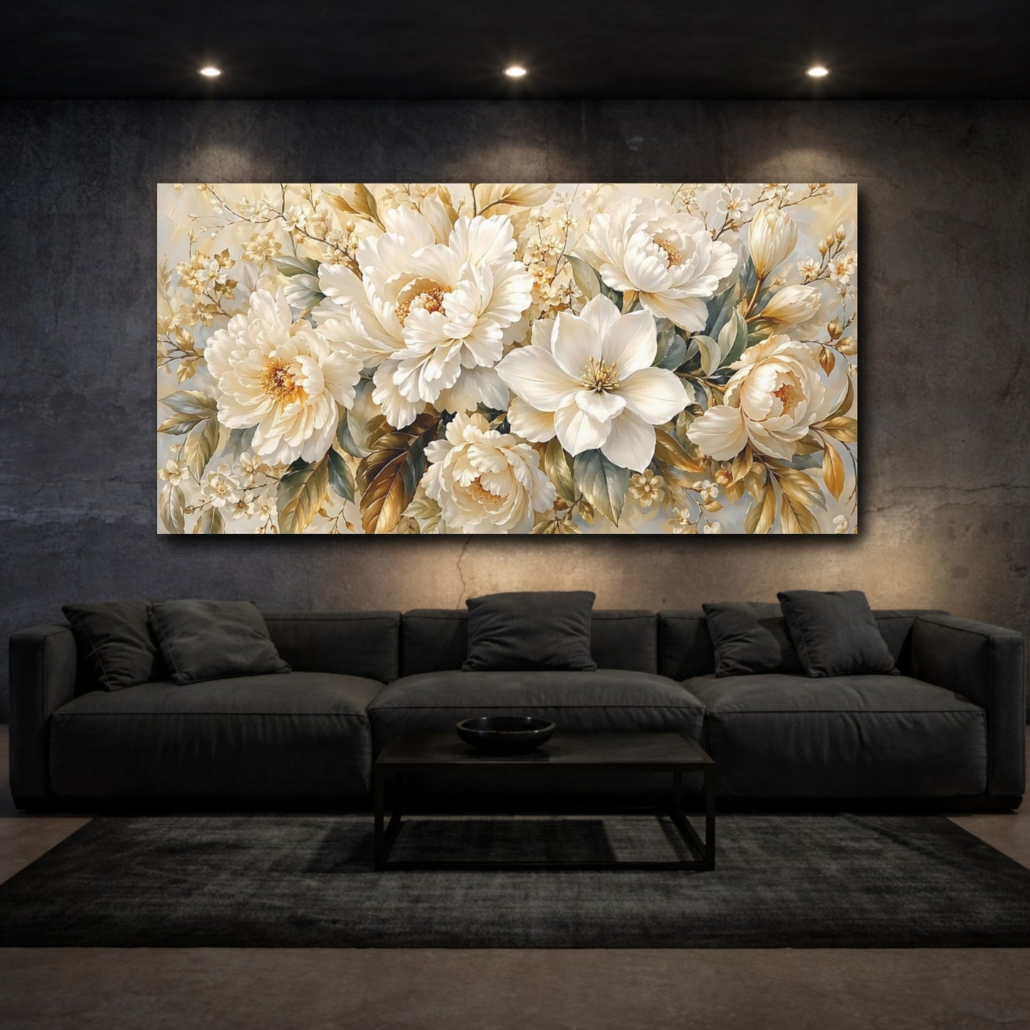 Mockup 2. Floral Floral Bouquet Cream White Floral shown as stretched canvas wall art
