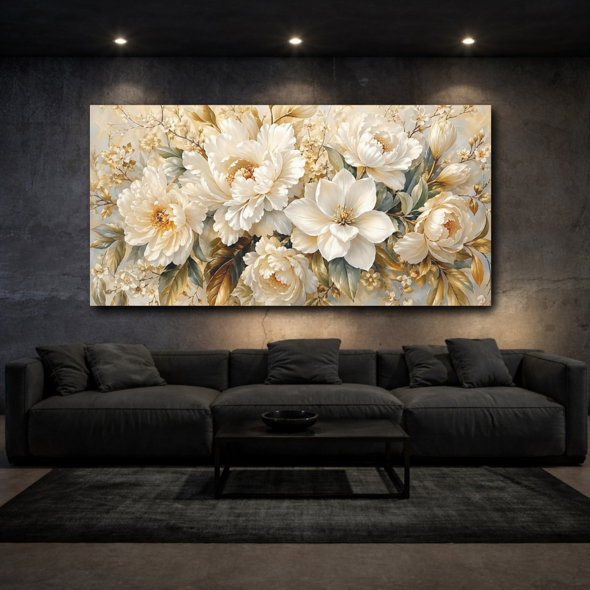 Mockup 2. Floral Floral Bouquet Cream White Floral shown as stretched canvas wall art