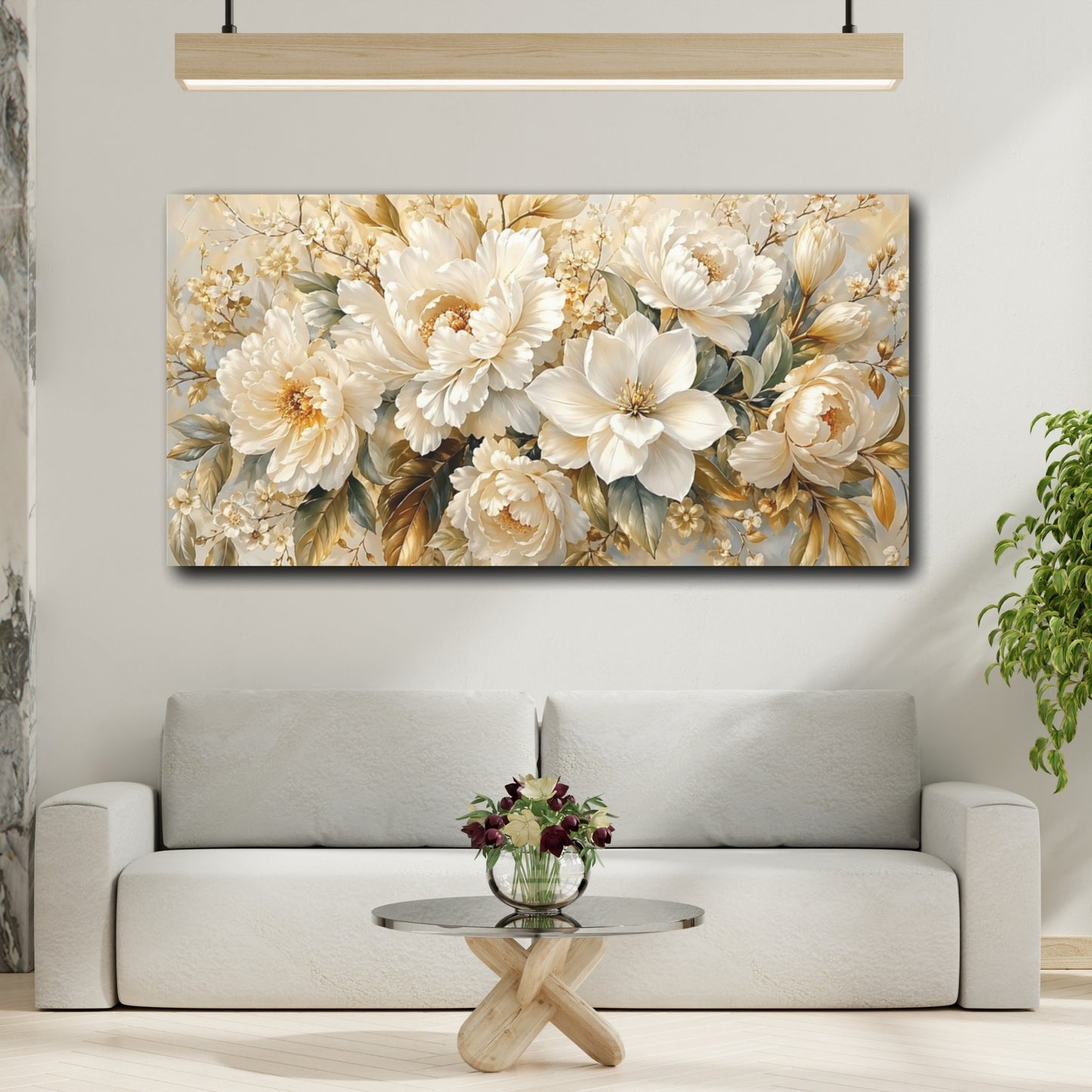 Mockup 3. Floral Floral Bouquet Cream White Floral shown as stretched canvas wall art