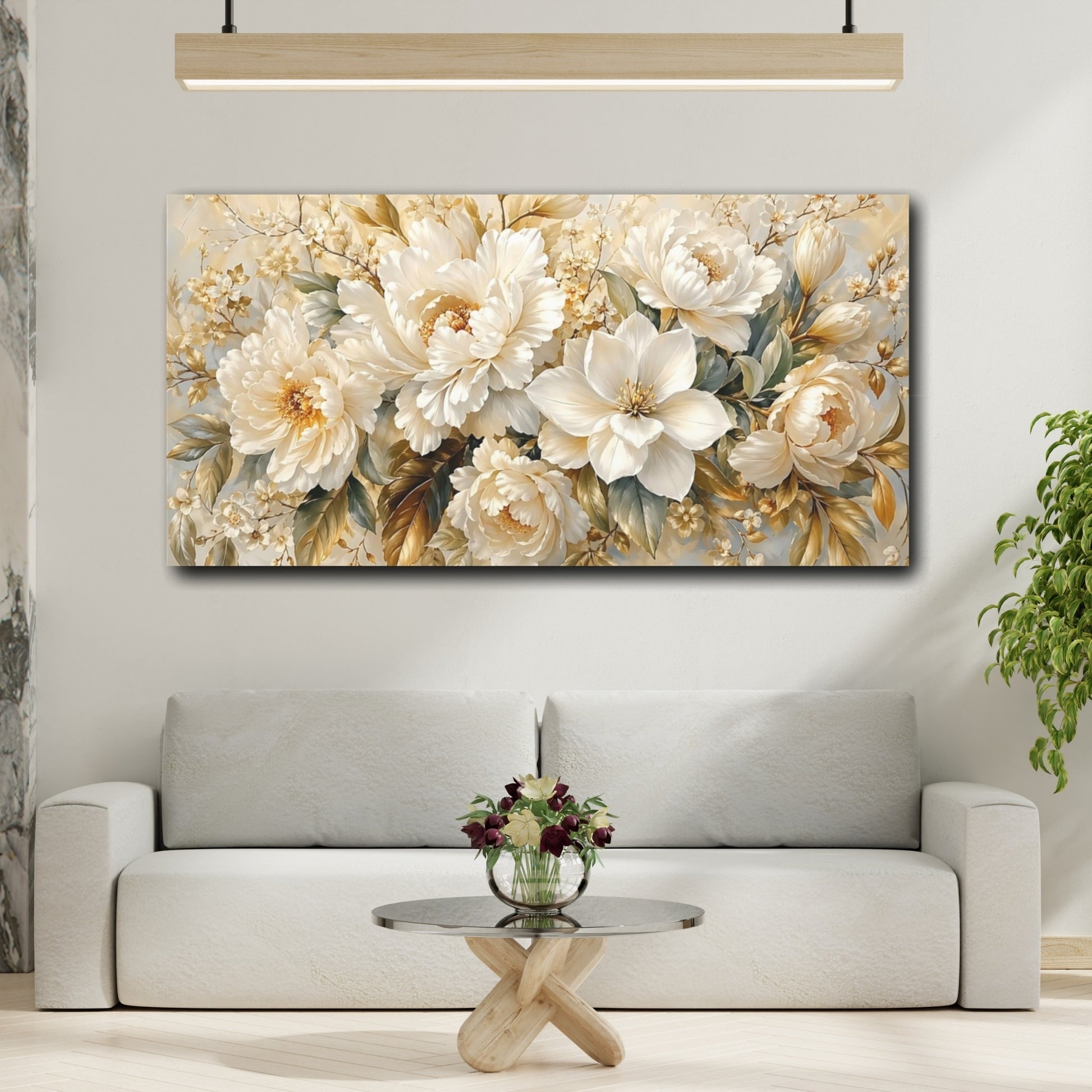 Mockup 3. Floral Floral Bouquet Cream White Floral shown as stretched canvas wall art