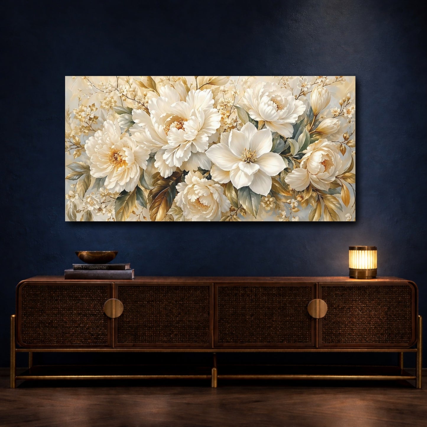 Mockup 4. Floral Floral Bouquet Cream White Floral shown as stretched canvas wall art