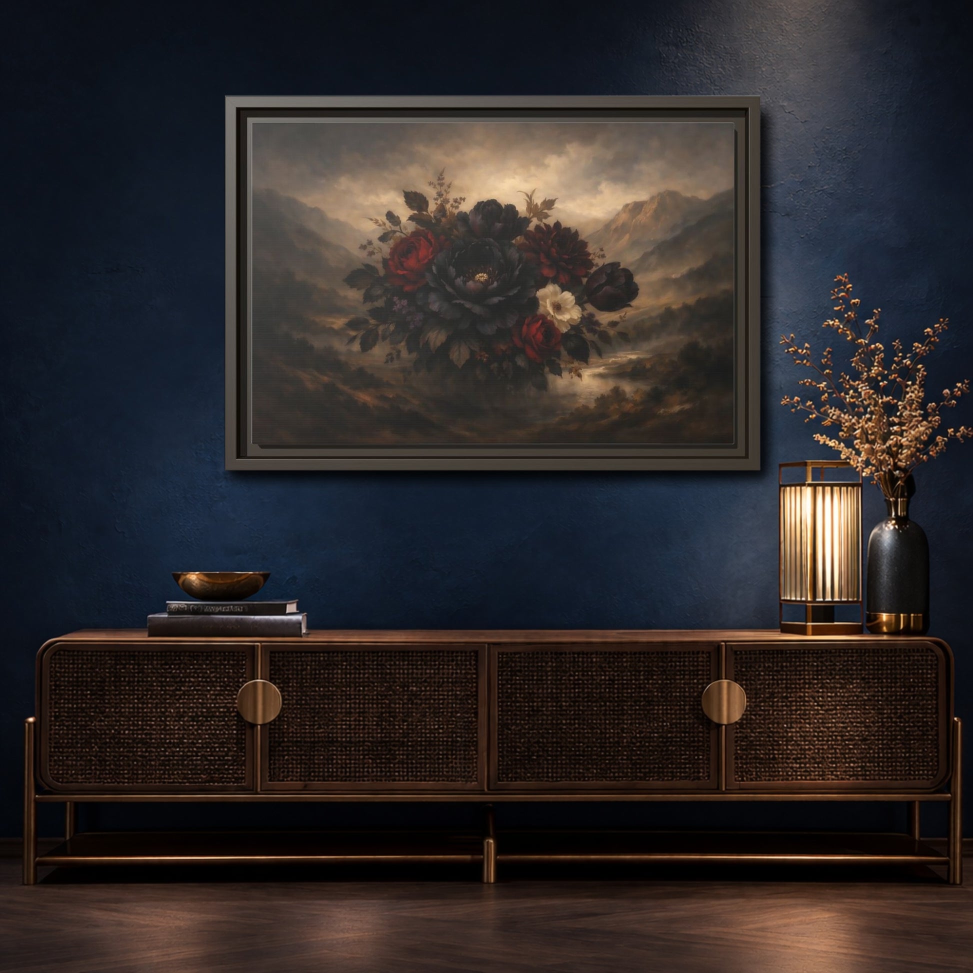 Mockup 4. Floral Floral Bouquet Dark Floral Landscape shown as stretched canvas wall art