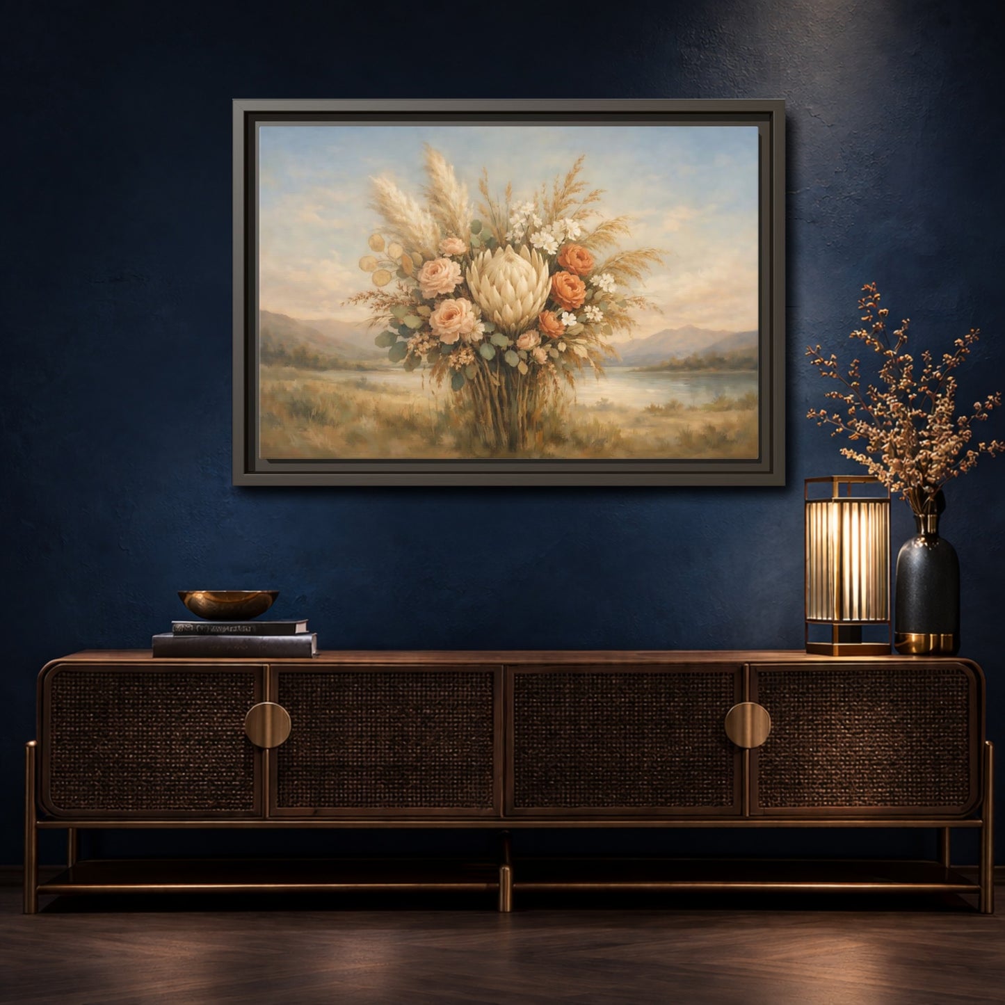 Mockup 4. Floral Floral Bouquet Earthy Floral Arrangement shown as stretched canvas wall art