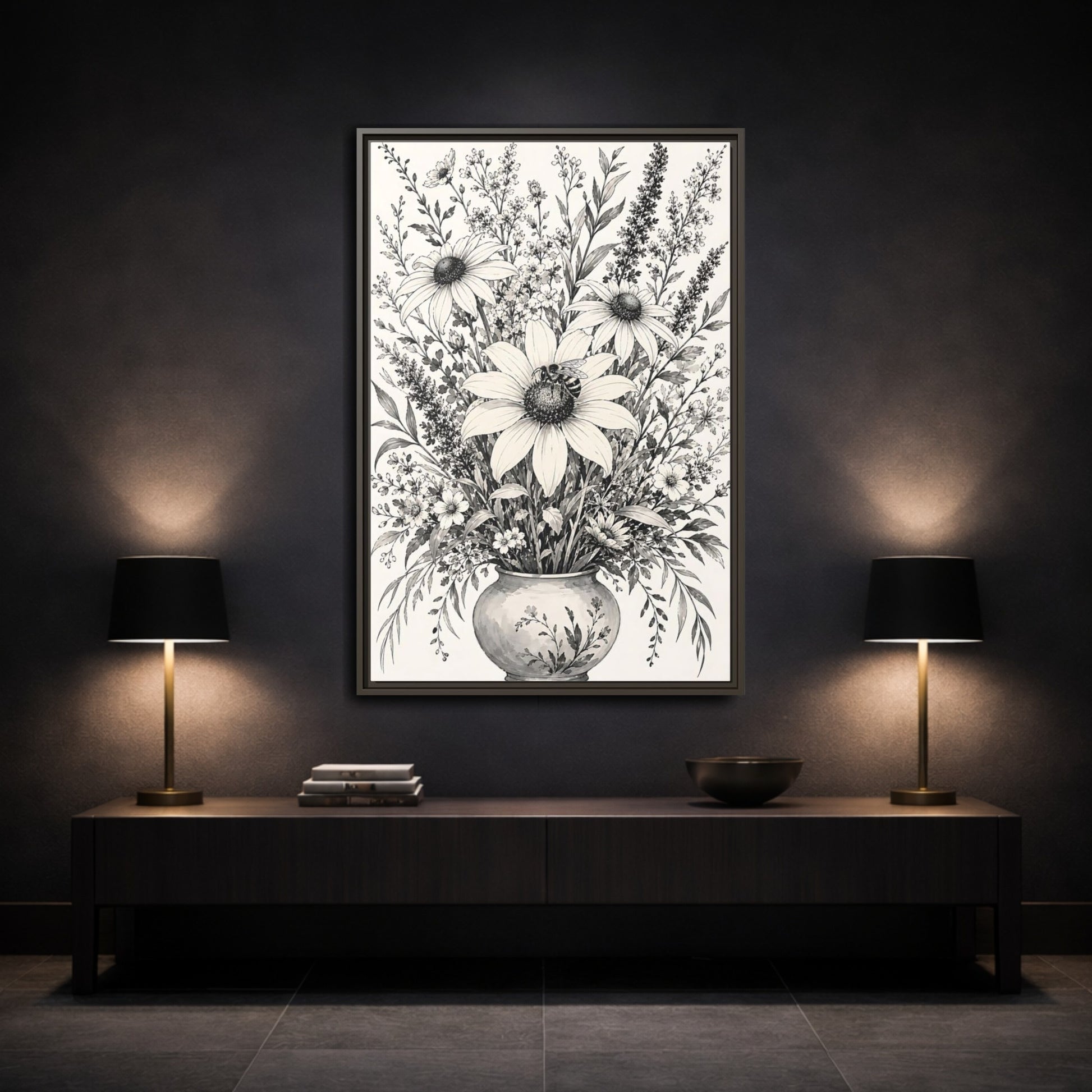 Mockup 3. Floral Floral Bouquet Monochrome Floral shown as framed canvas print