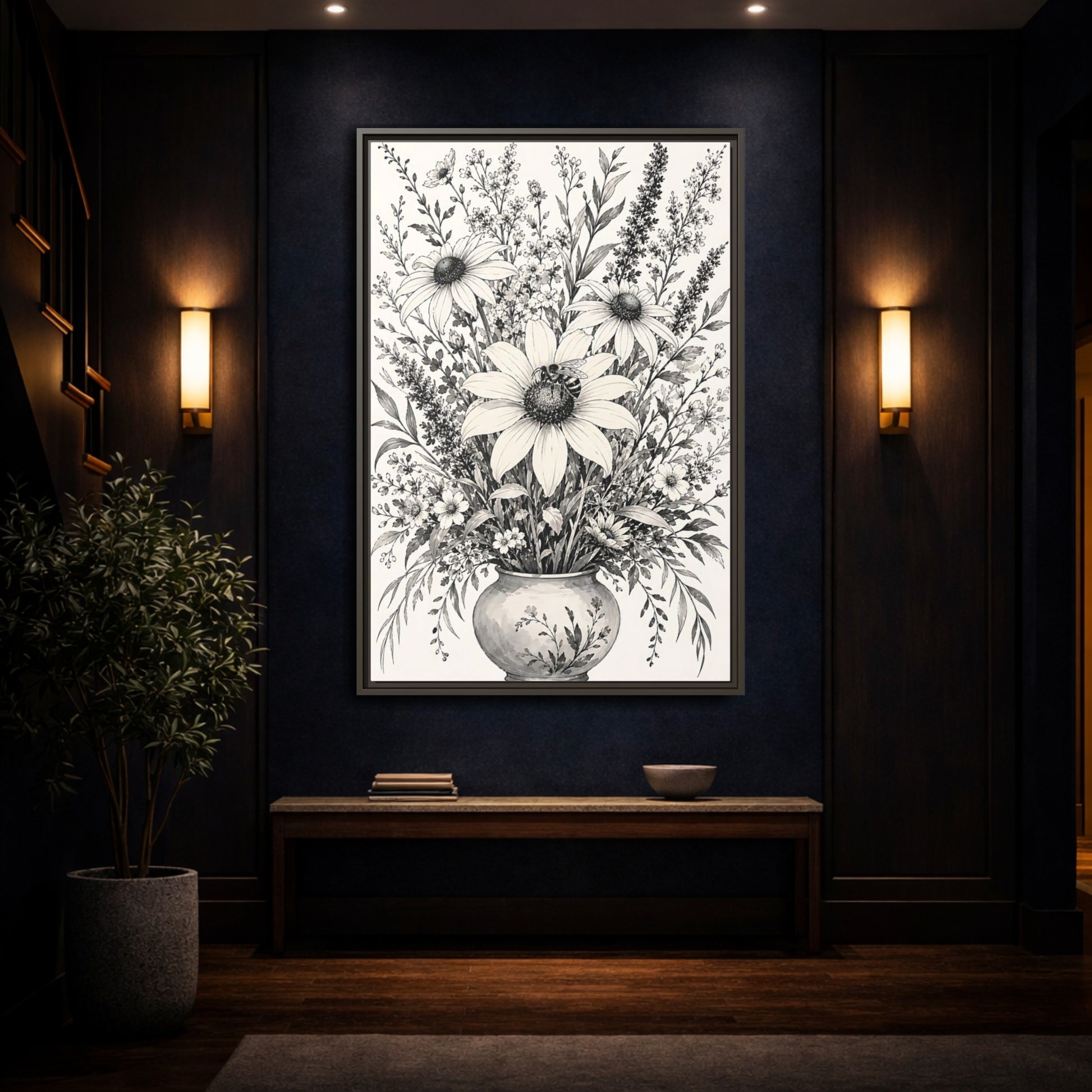 Mockup 4. Floral Floral Bouquet Monochrome Floral shown as framed canvas print