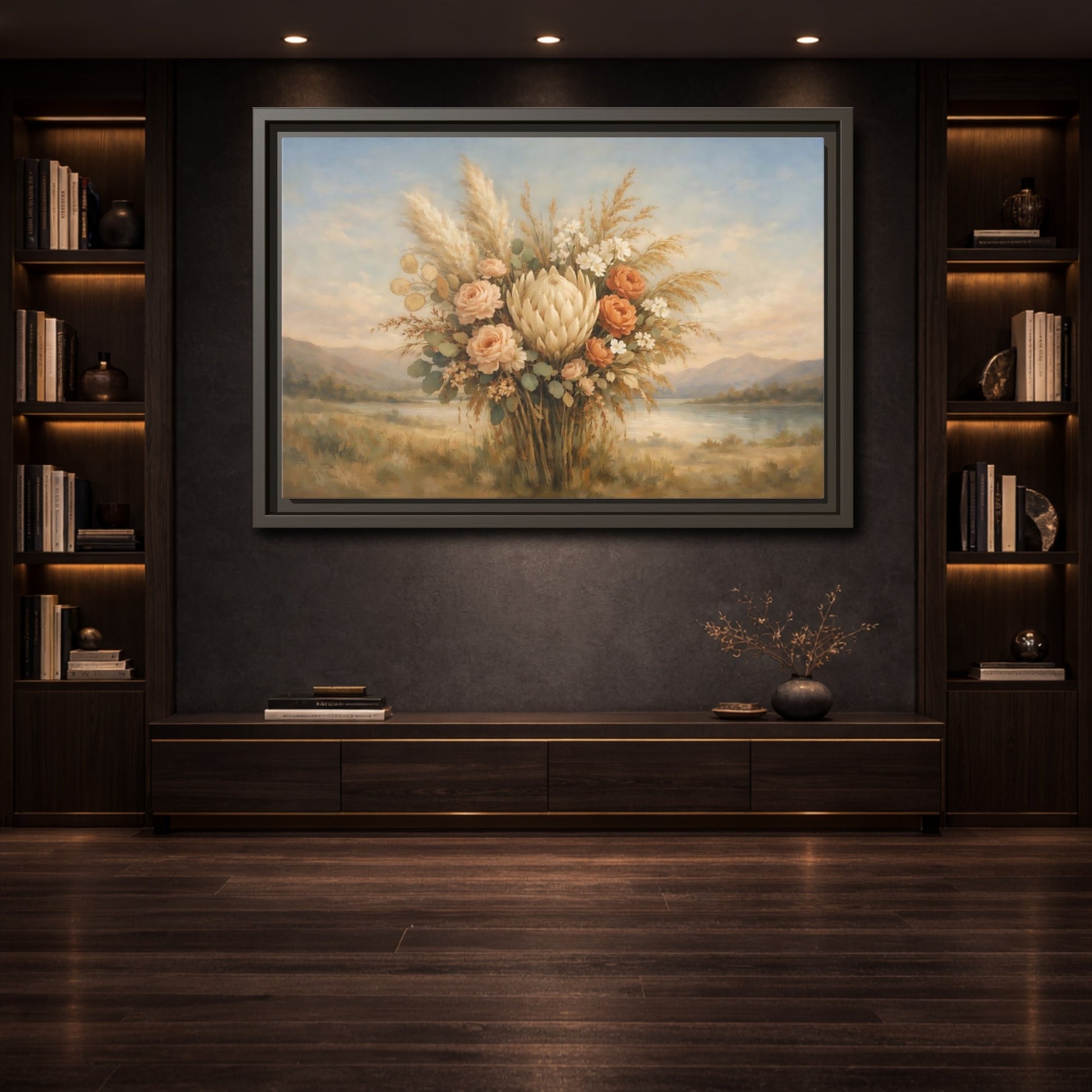 Mockup 3. Floral Floral Bouquet Muted Floral Bouquet shown as stretched canvas wall art