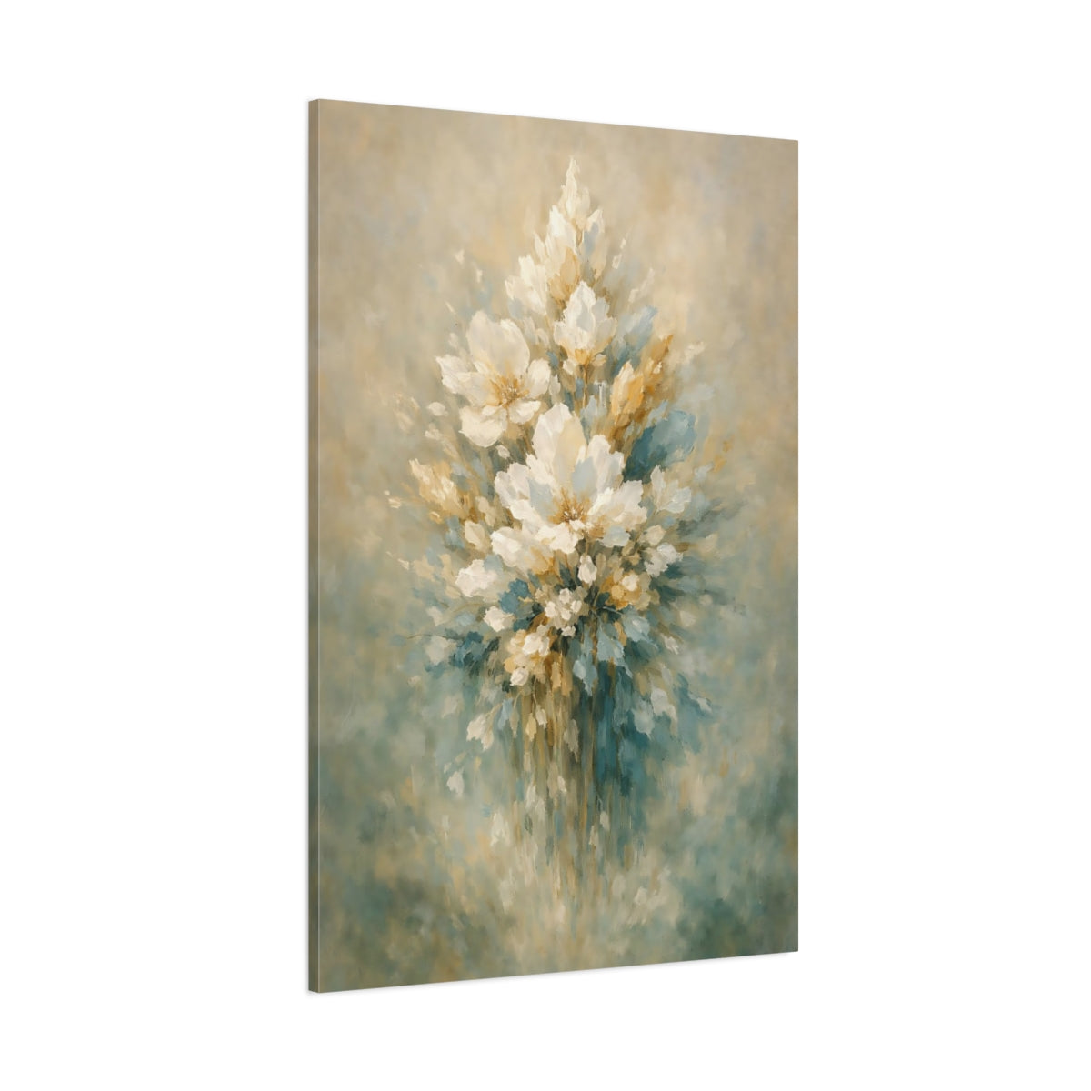 Main Mockup. Floral Floral Bouquet Muted Floral Teal Gold shown as stretched canvas wall art