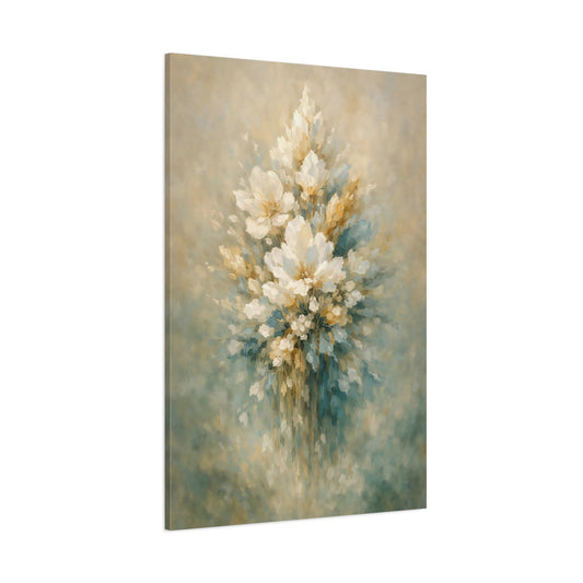 Main Mockup. Floral Floral Bouquet Muted Floral Teal Gold shown as stretched canvas wall art