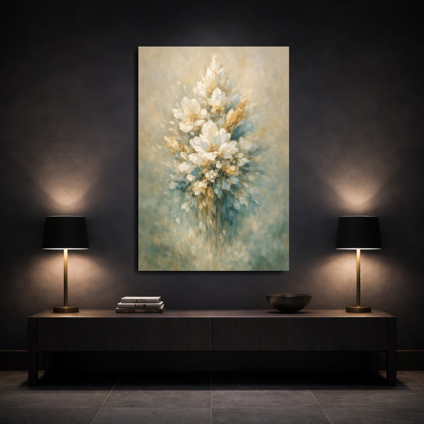 Mockup 2. Floral Floral Bouquet Muted Floral Teal Gold shown as stretched canvas wall art