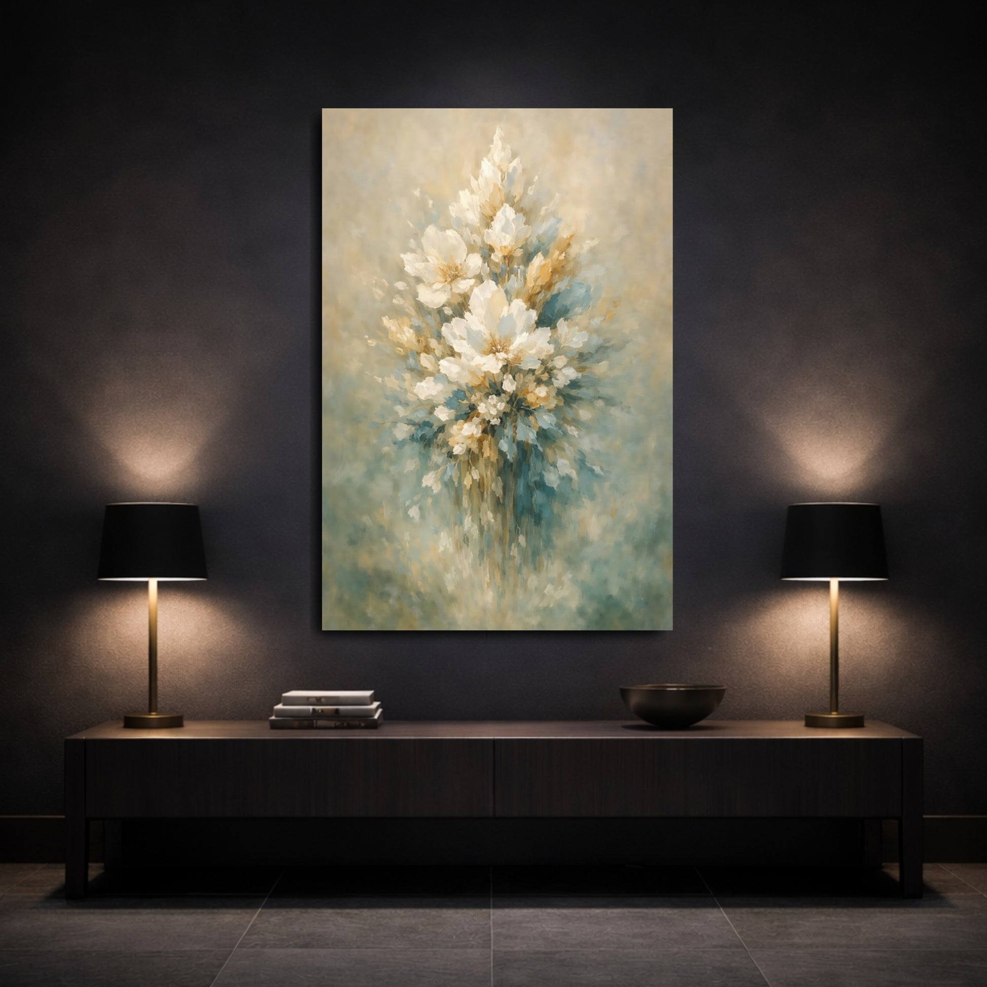 Mockup 2. Floral Floral Bouquet Muted Floral Teal Gold shown as stretched canvas wall art